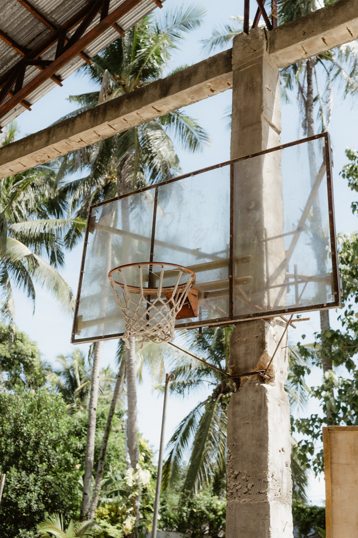 An outdoor basketball hoop in a tropical setting with palm trees and blue skies in the background, a fine art print by Evie Johnstone.