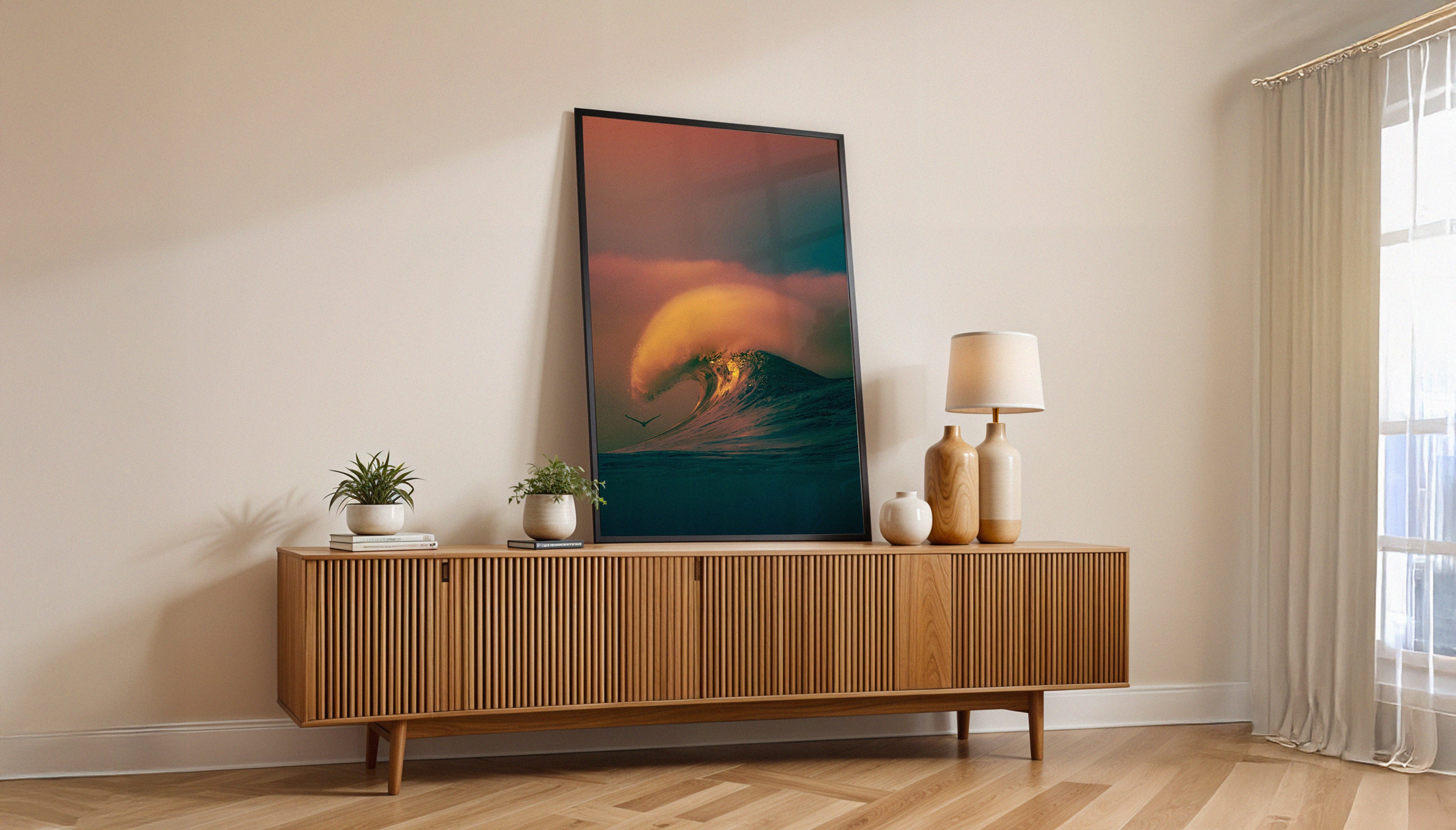 Large framed print of ARCH by Craig Hubbard placed in a bright, minimalist living room with mid-century modern furniture.