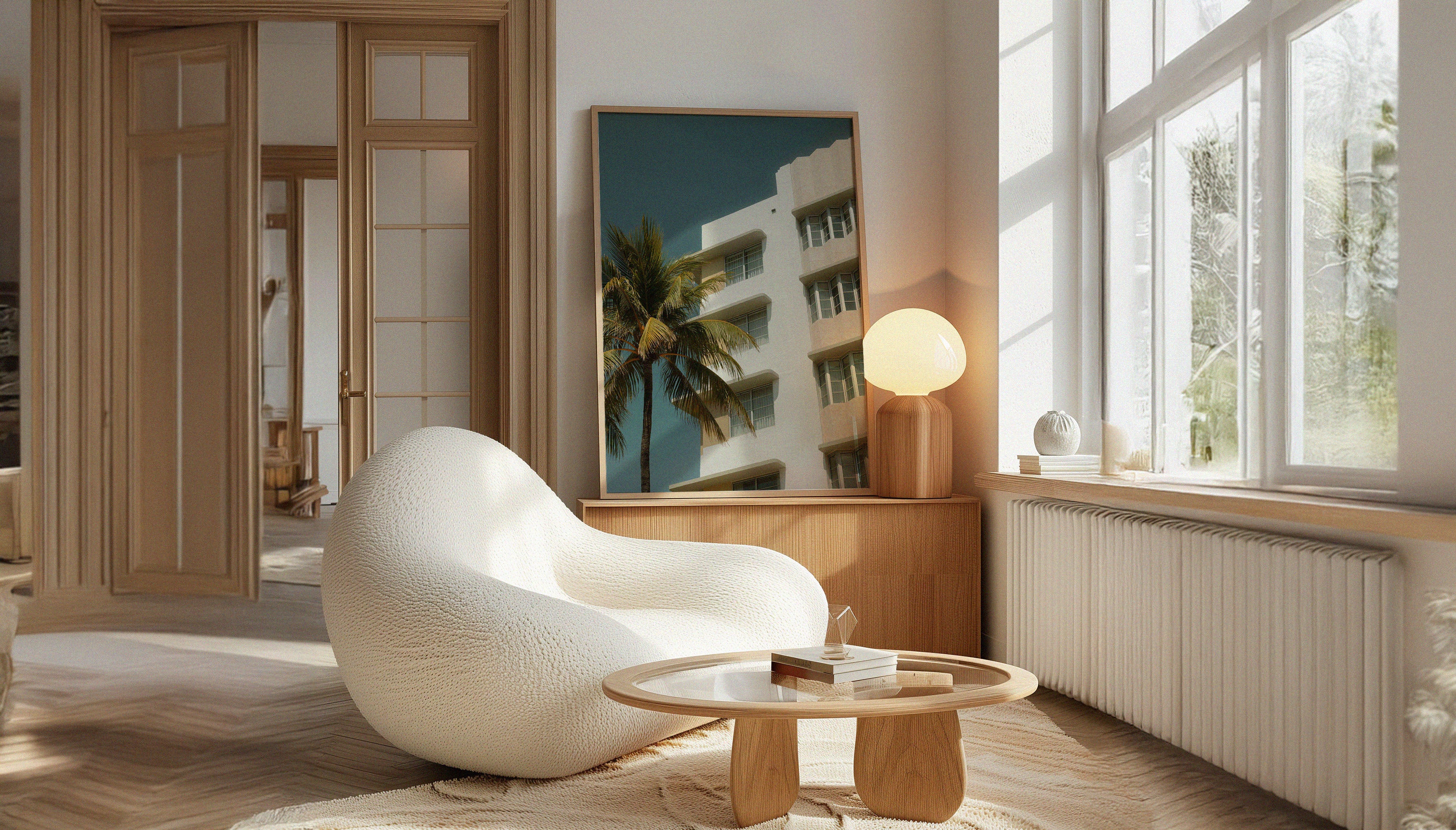 A typical scene in Miami’s Art Deco District, with a palm tree framing a distinctively shaped building with playful architecture. Captured by Hannes Kläger, the fine art print is available to purchase on The Lost Works.