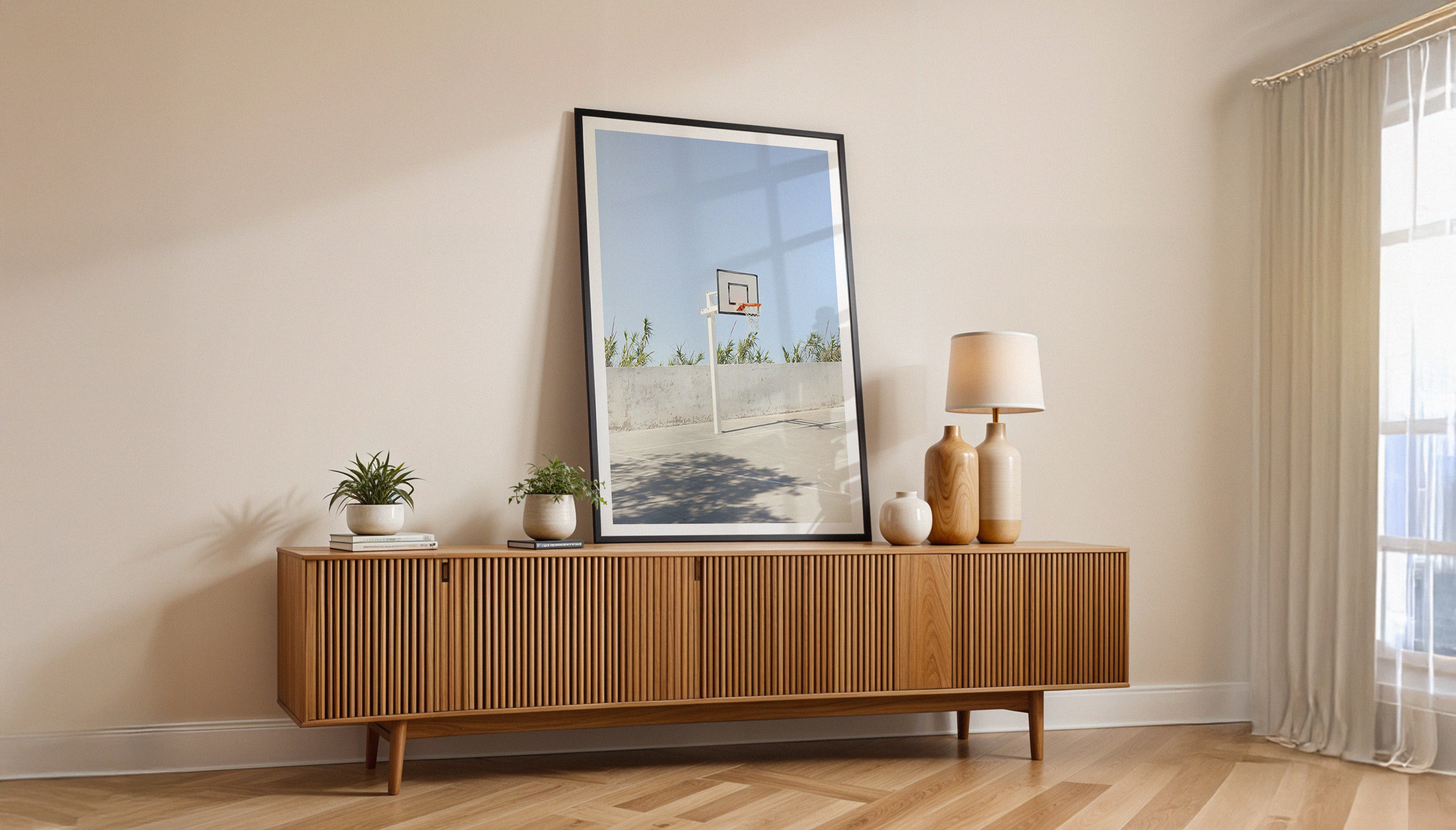 A picture-perfect basketball court captued by Will Bremridge somewhere along the Algarve coastline. Urban meets coast with the dappled shade of a tree hitting the concrete. Available to purchase from The Lost Works as a ready-to-hang framed fine art print.