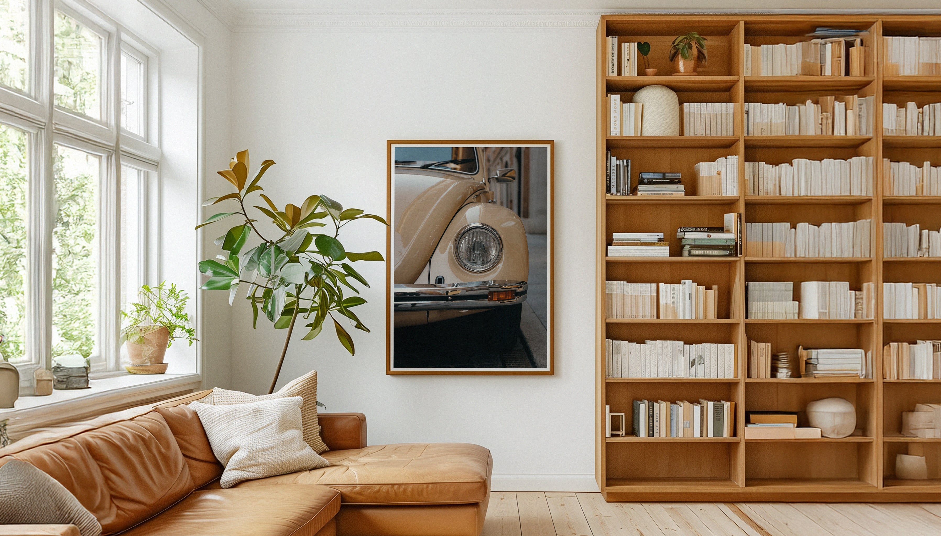 Modern living room with a brown sofa, bookshelf, and framed fine art photography print by Hannes Klaeger of a classic VW Beetle in beige.