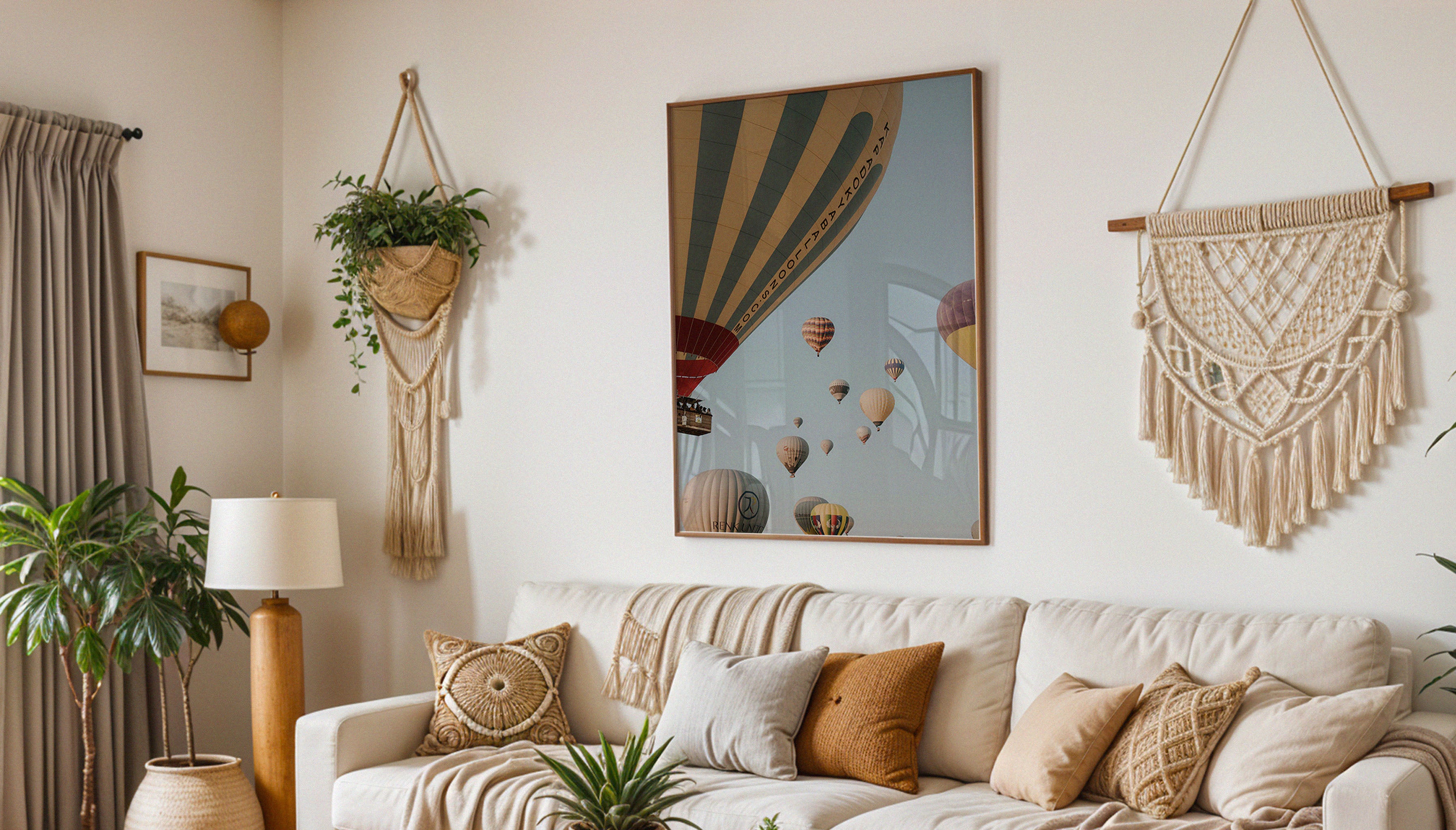 Hot air balloons drift across the sky in Cappadocia in this framed fine art print by photographer Sam Morris, depcited hanging in a boho living room.