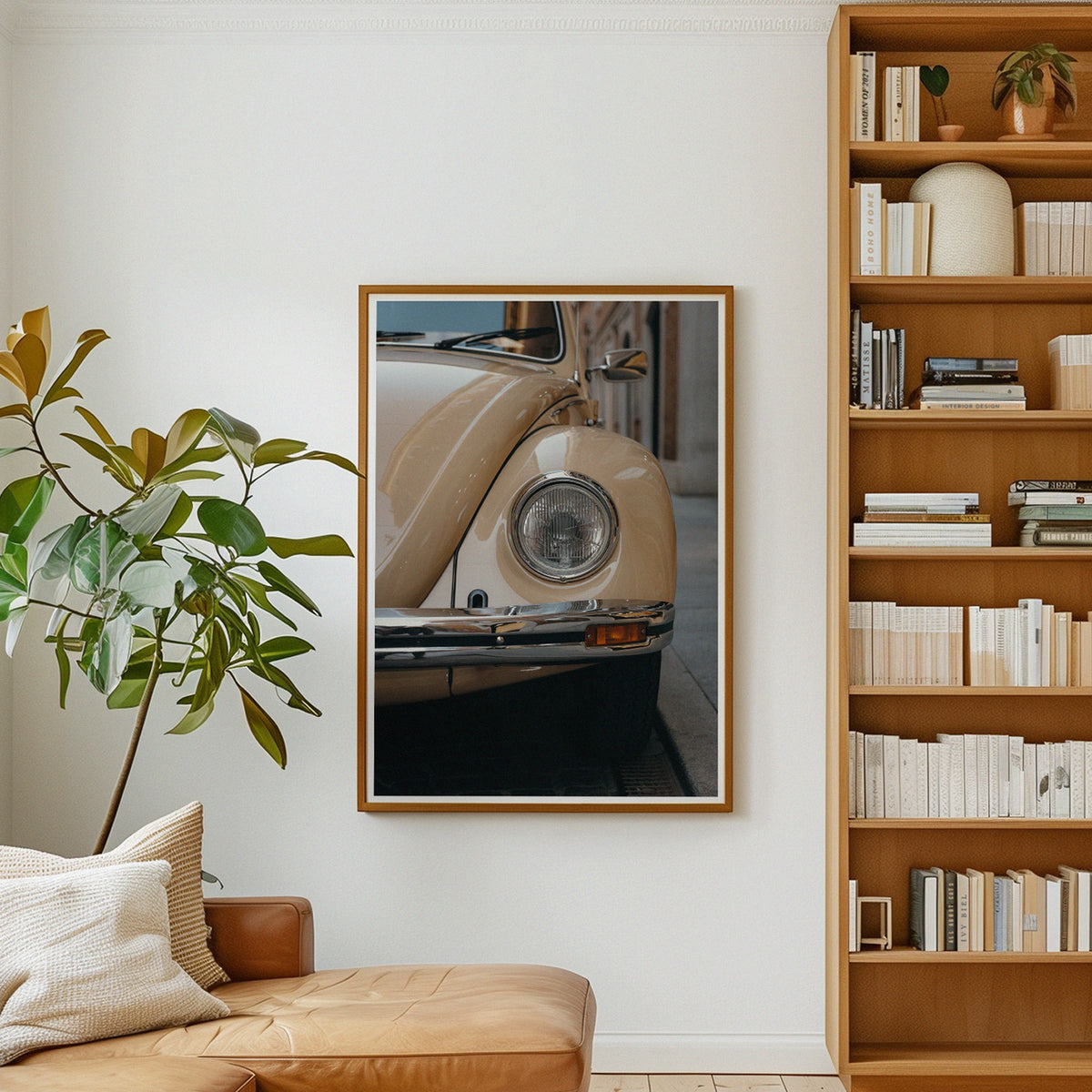 Framed fine art print by Hannes Klaeger of a vintage VW Beetle, hanging on a wall in a large wooden frame in a living room with a bookshelf and plant.