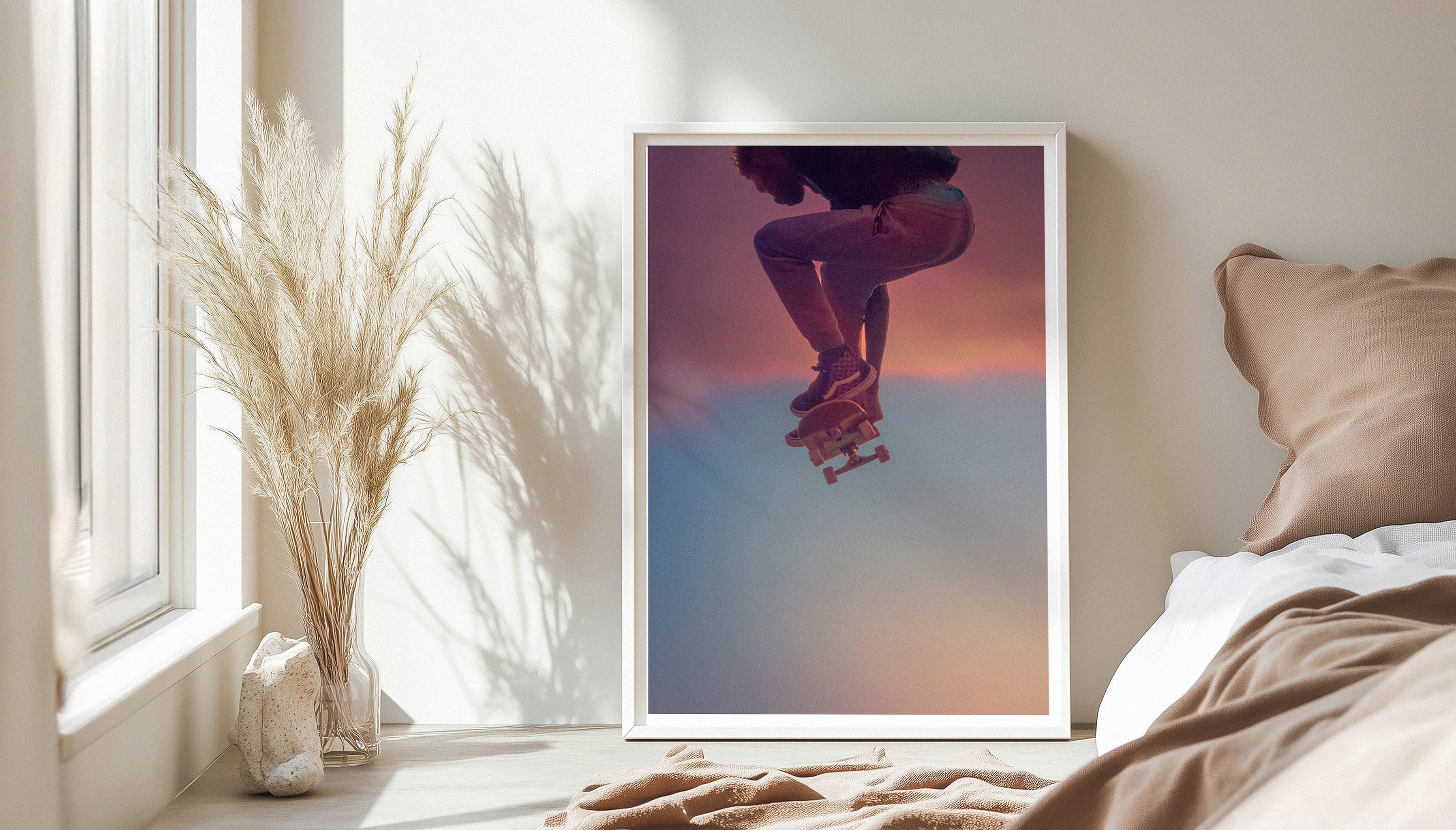 In-situ bedroom view of 'CONCORD' skateboard photography print by Craig Hubbard, styled with soft natural light and modern decor – urban art for skate culture and lifestyle lovers.