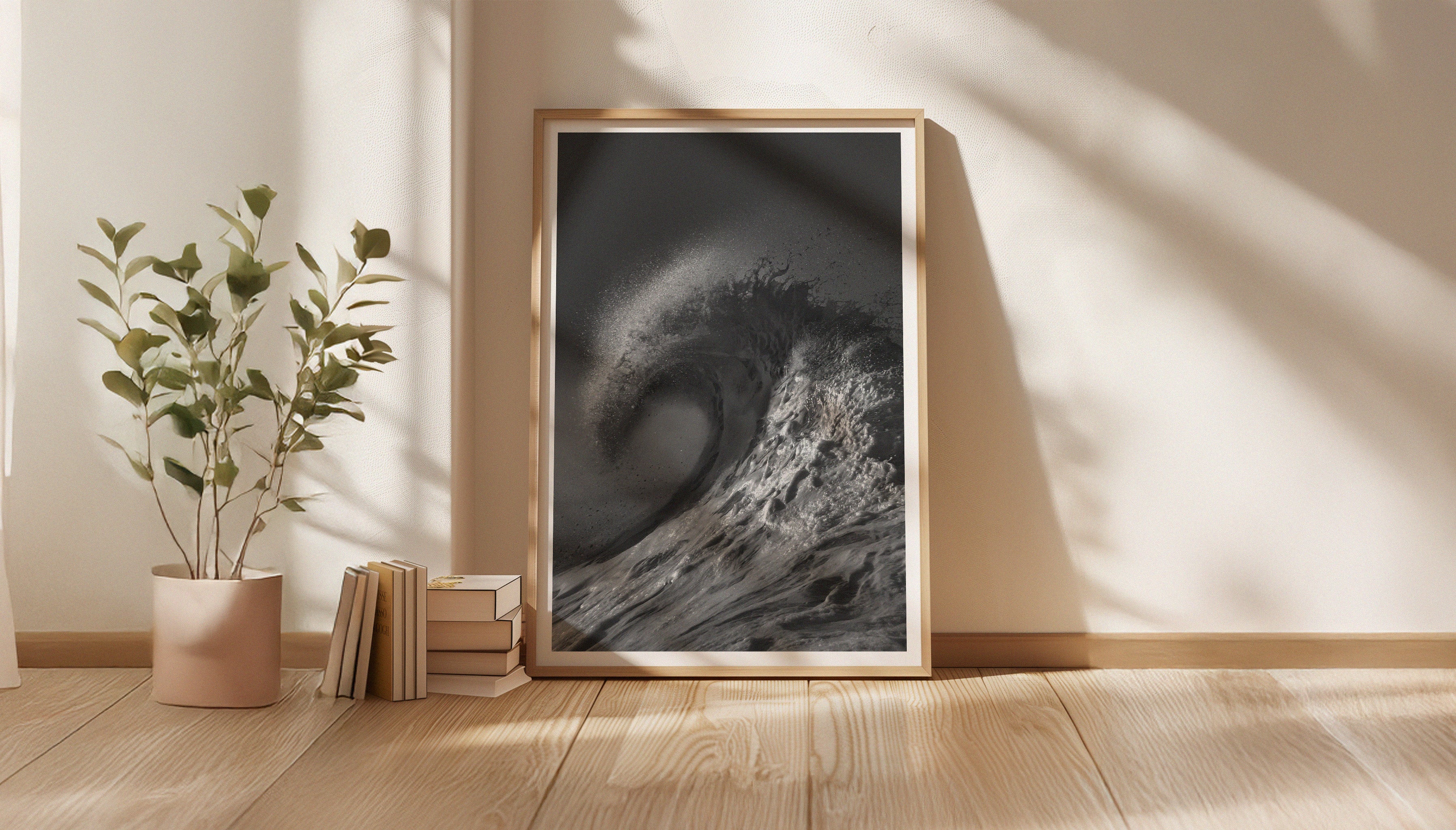 Interior setting featuring framed 'Dark Arc' print by Craig Hubbard, with soft natural light and organic decor.