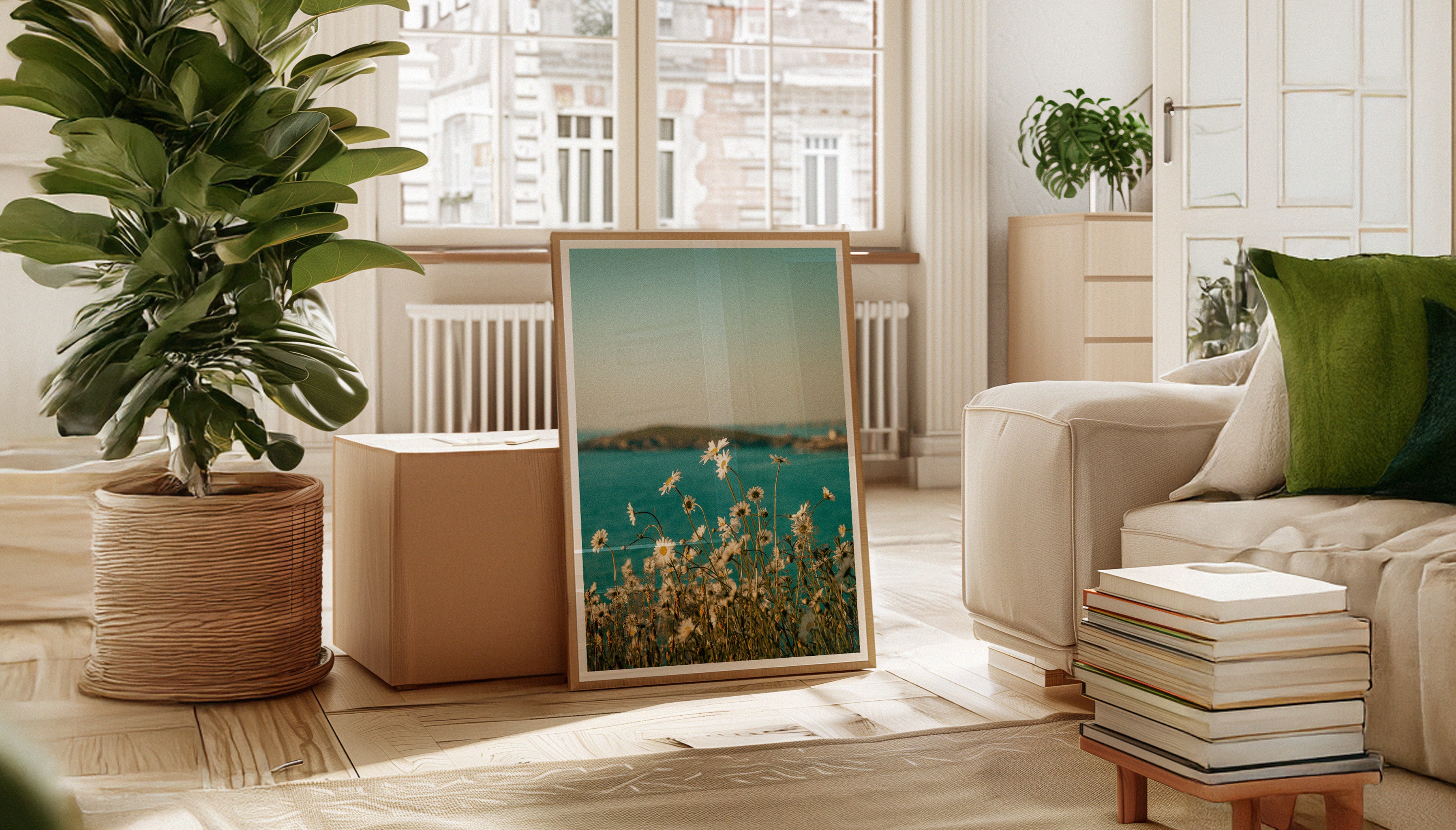 DAISIES, a photography print by Evie Johnstone, leaning against a footstool in a large wooden frame in a natural, Scandi-interior living room.