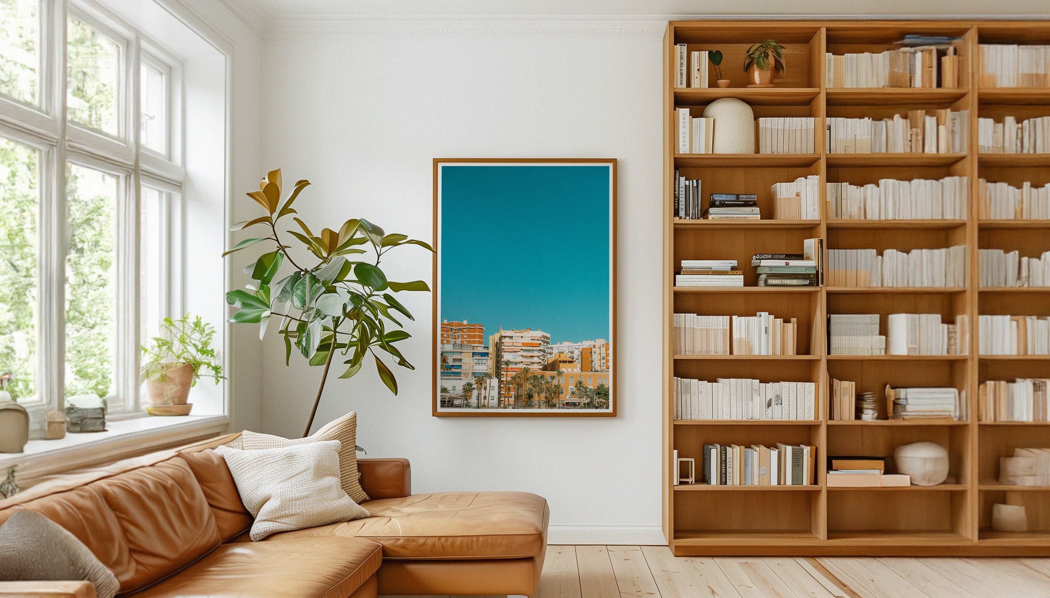 Evie Johnstone's bright colourful fine art photography print from Malaga, EL PASEO, hanging in a large wooden frame by a window in a living room with a wooden bookshelf and plants.