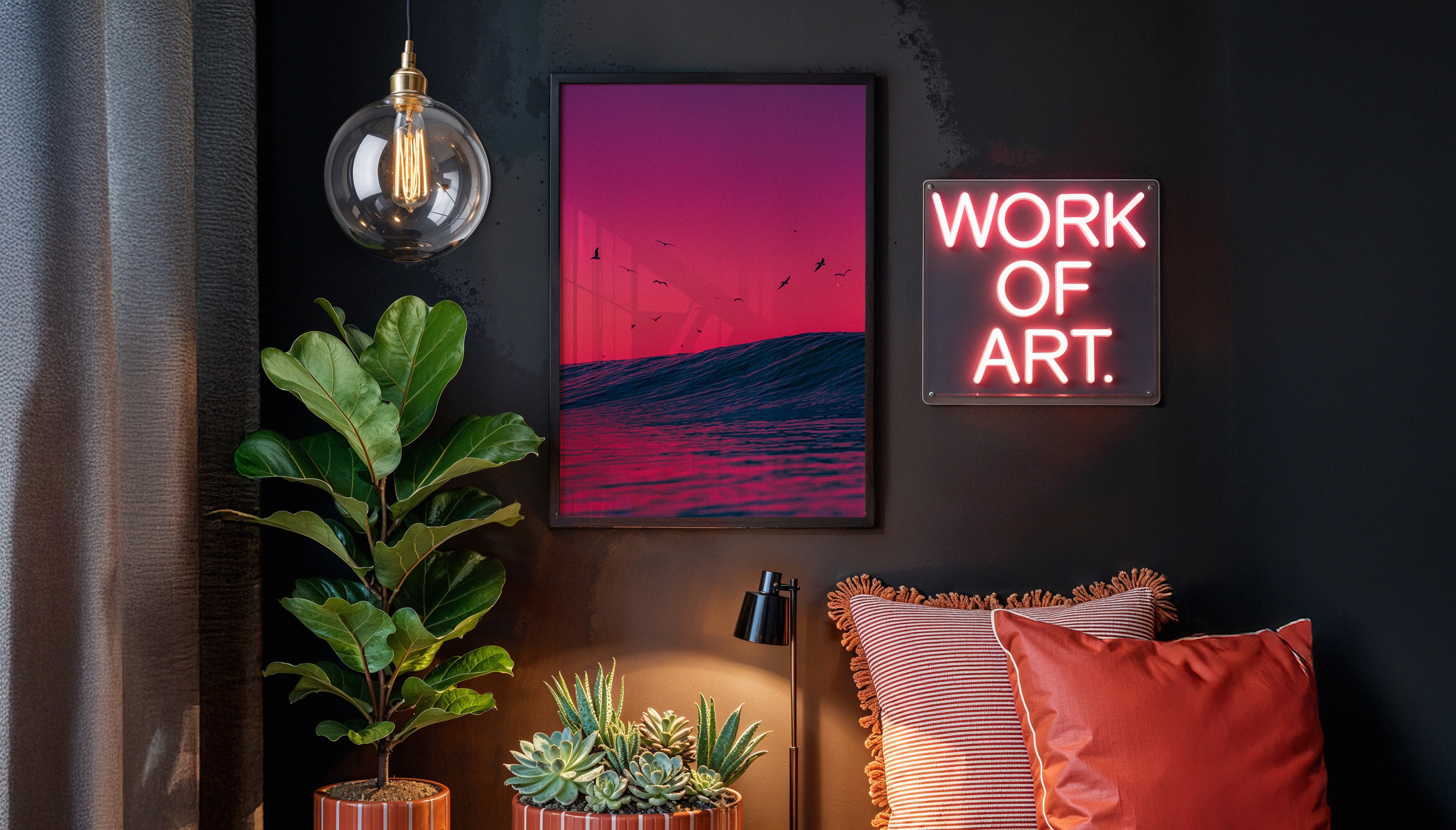 FISHERMEN art print displayed on a dark wall in a stylish interior with neon signage, plants, and modern decor.