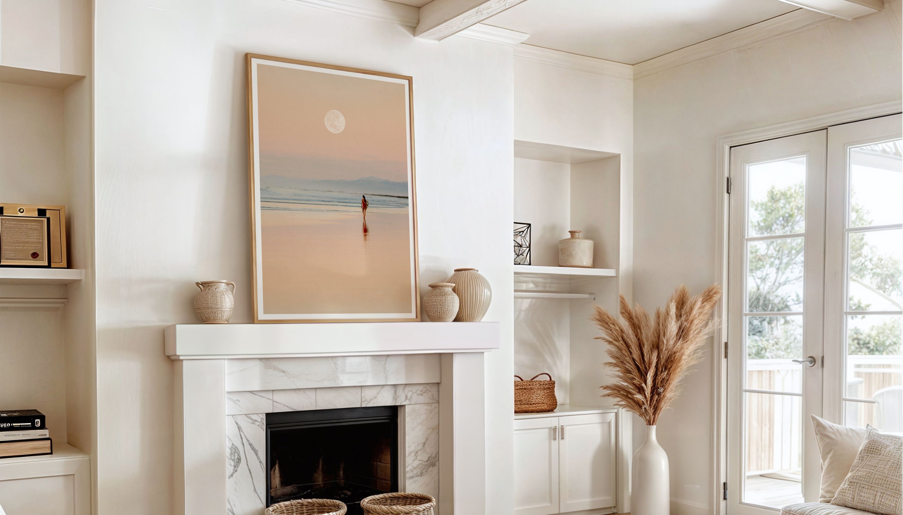FULL MOON, a ready-to-hang fine art print by Evie Johnstone hanging on a wall in a wood frame in a Scandi-style living room with natural interiors.
