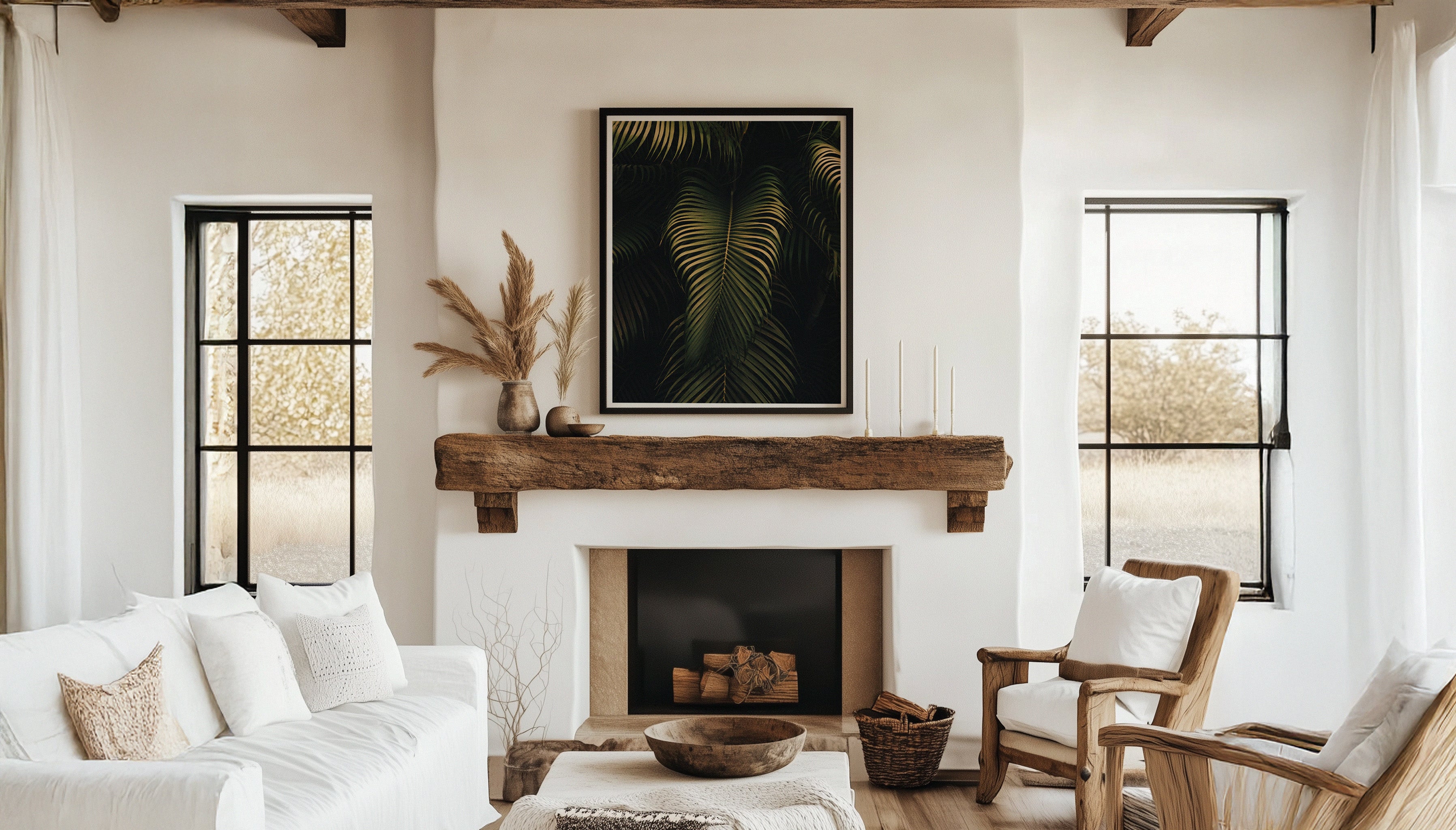 Living room setting with white walls and a wooden mantlepiece, with Evie Johnstone's ready-to-hang fine art print GOLDEN PALMS hanging above.