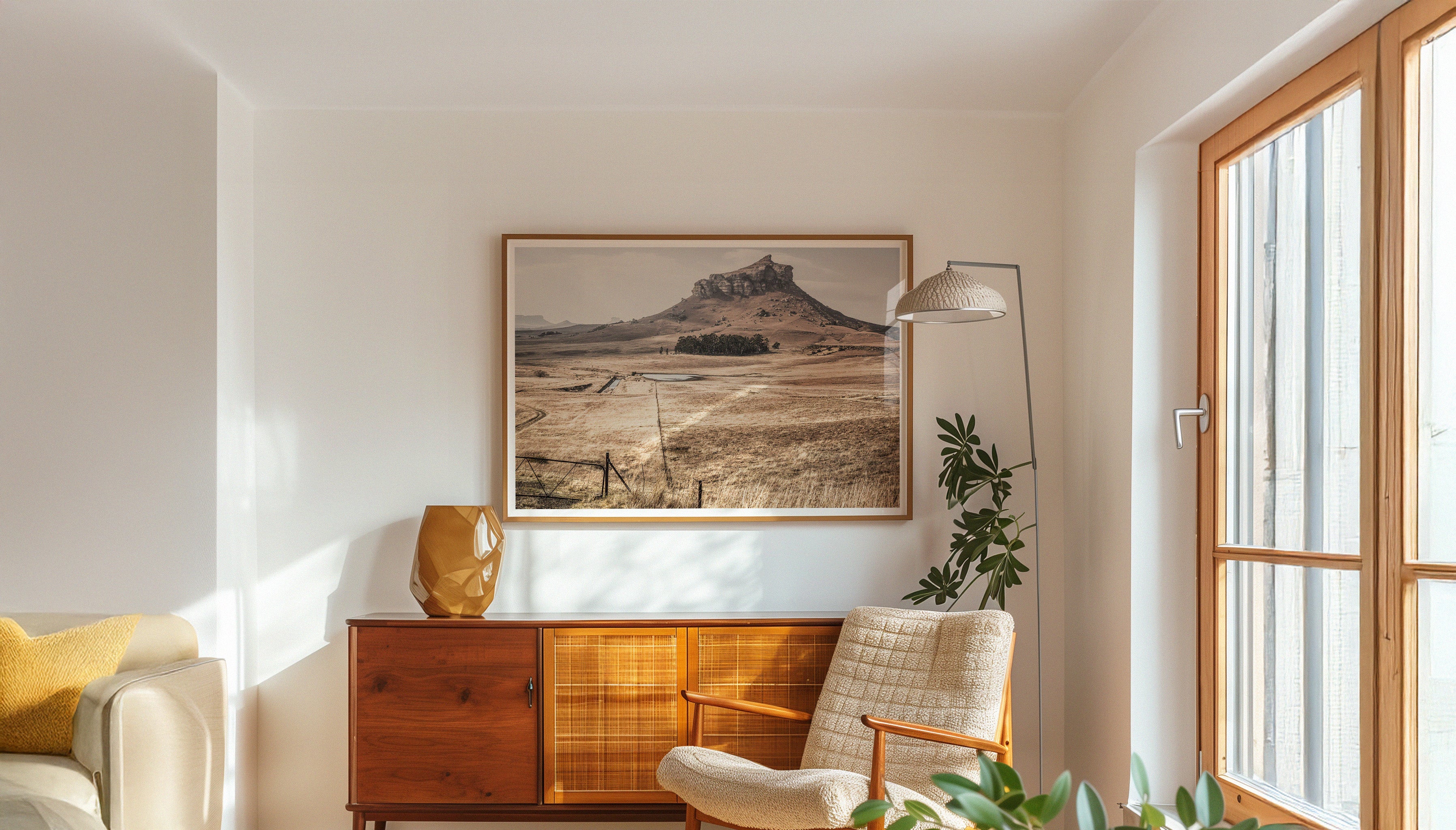 A framed landscape fine art print by Charles Johnstone from South Africa, hanging above a sideboard in an art-deco inspired living room.