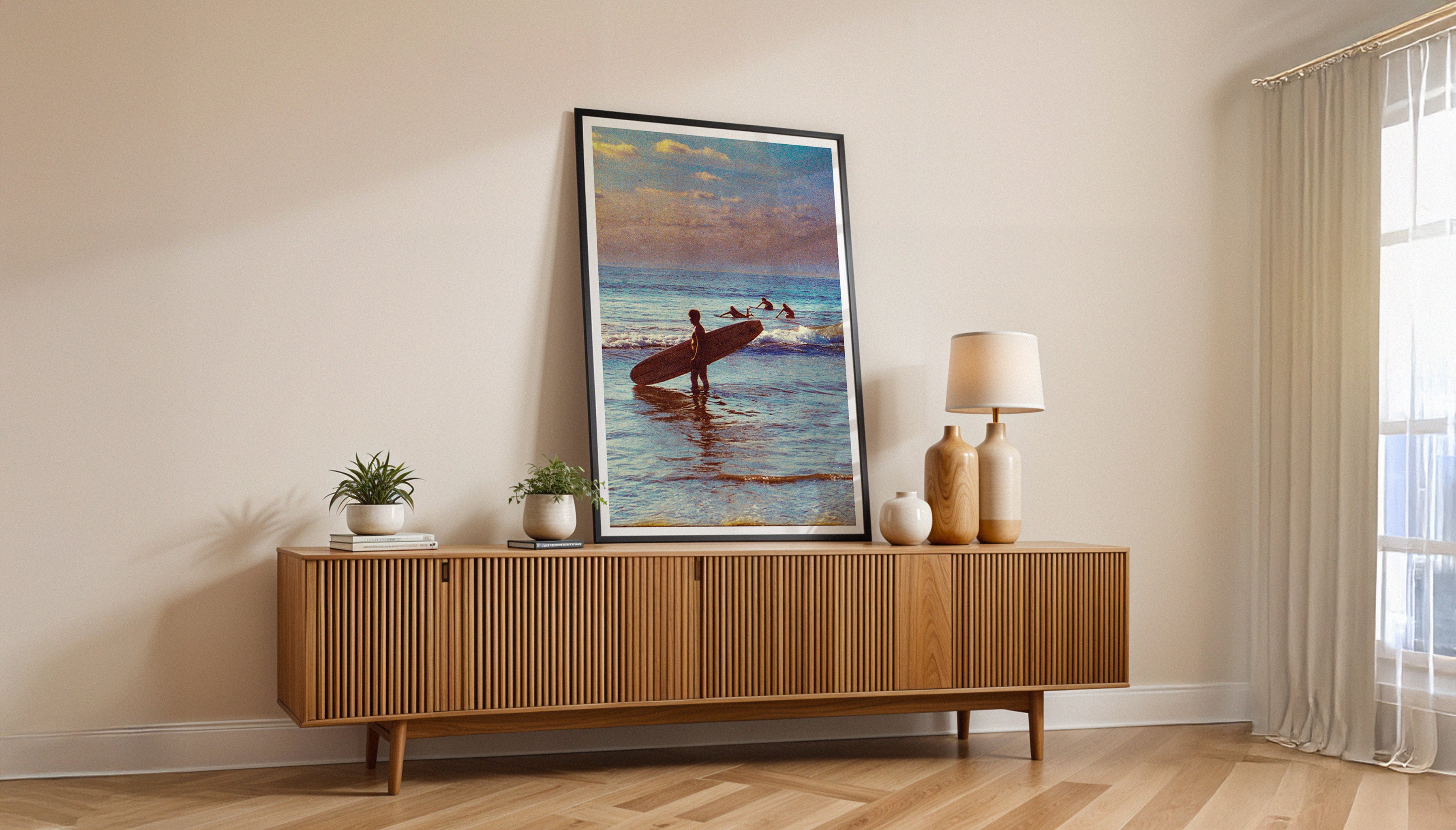 Longboarding surf print in stylish interior setting, highlighting how Ez Rivero’s Santa Teresa photography complements natural-toned, contemporary home decor.