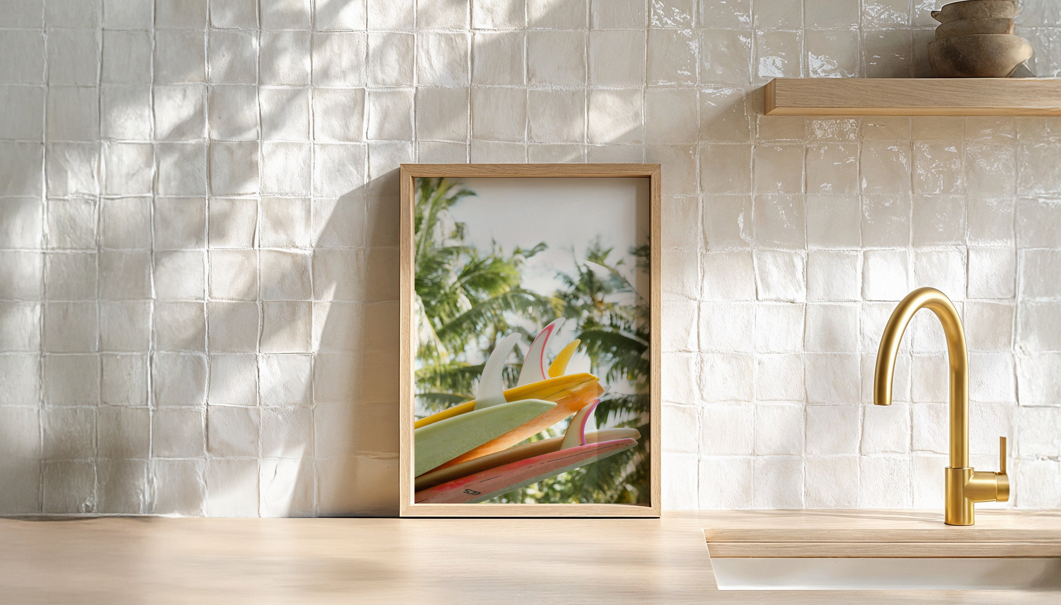 LOADED TO SURF by Evie Johnstone, a tropical fine art print in a wooden frame leaning against a zellige tile wall in a kitchen with wooden worktop and brass tap.