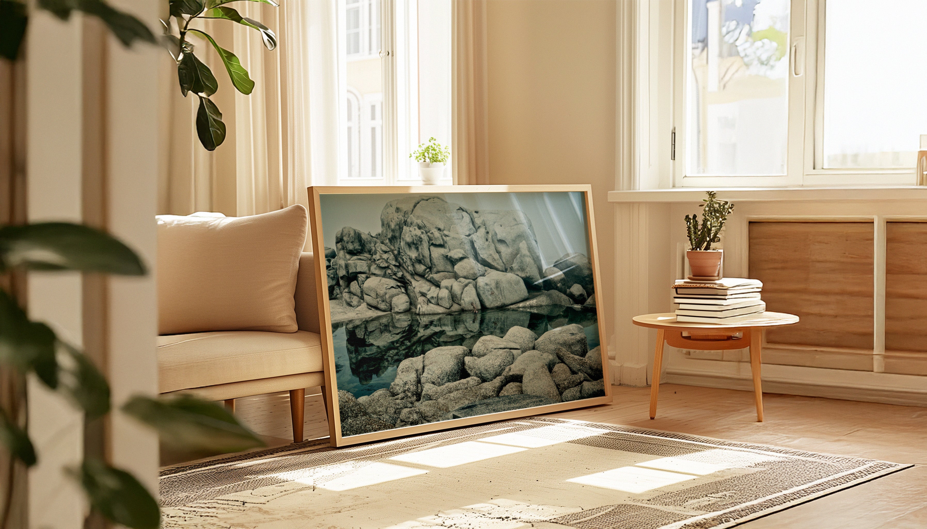 A quiet moment in the famous Maiden’s Cove tidal pools in Cape Town, South Africa. A man takes a dip in the deep blue, rippling the reflections of the enormous granite boulders that surround the pool. A fine art photography print by Charles Johnstone.