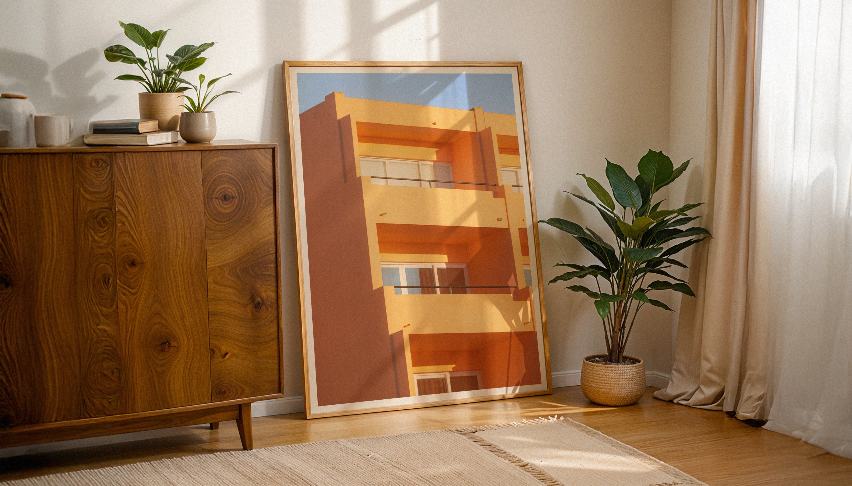 The Portuguese sunshine makes an apartment block glow with muted mango delight against the blue sky. Straight clean lines bring calm and serenity. A piece of wall art by Will Bremridge guaranteed to brighten any space, available to purchase on The Lost Works as a fine art print.