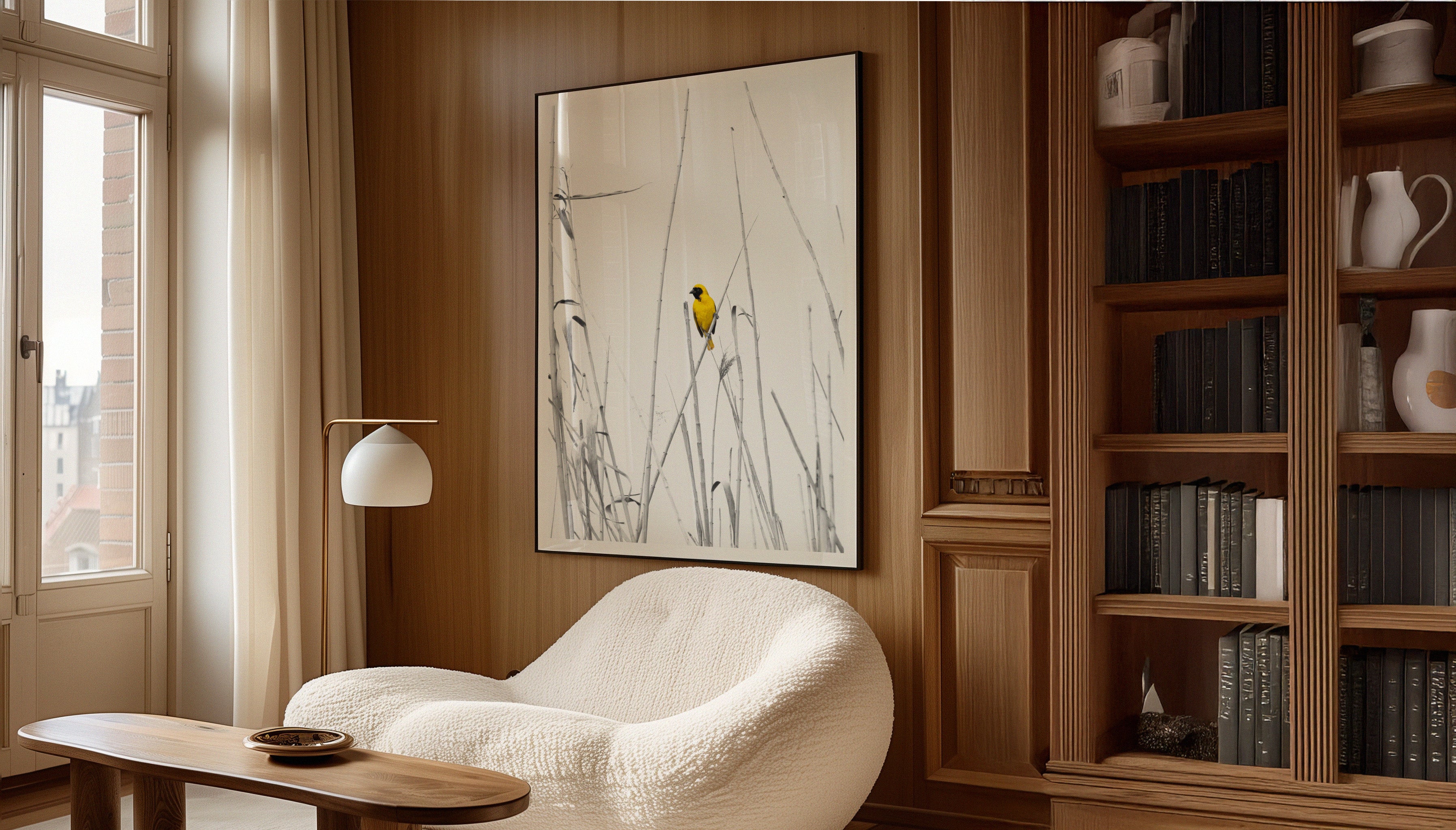 Charles Johnstone's MASKED WEAVER fine art photography print in a black frame with a white border, hanging on a wooden wall in a home office space.