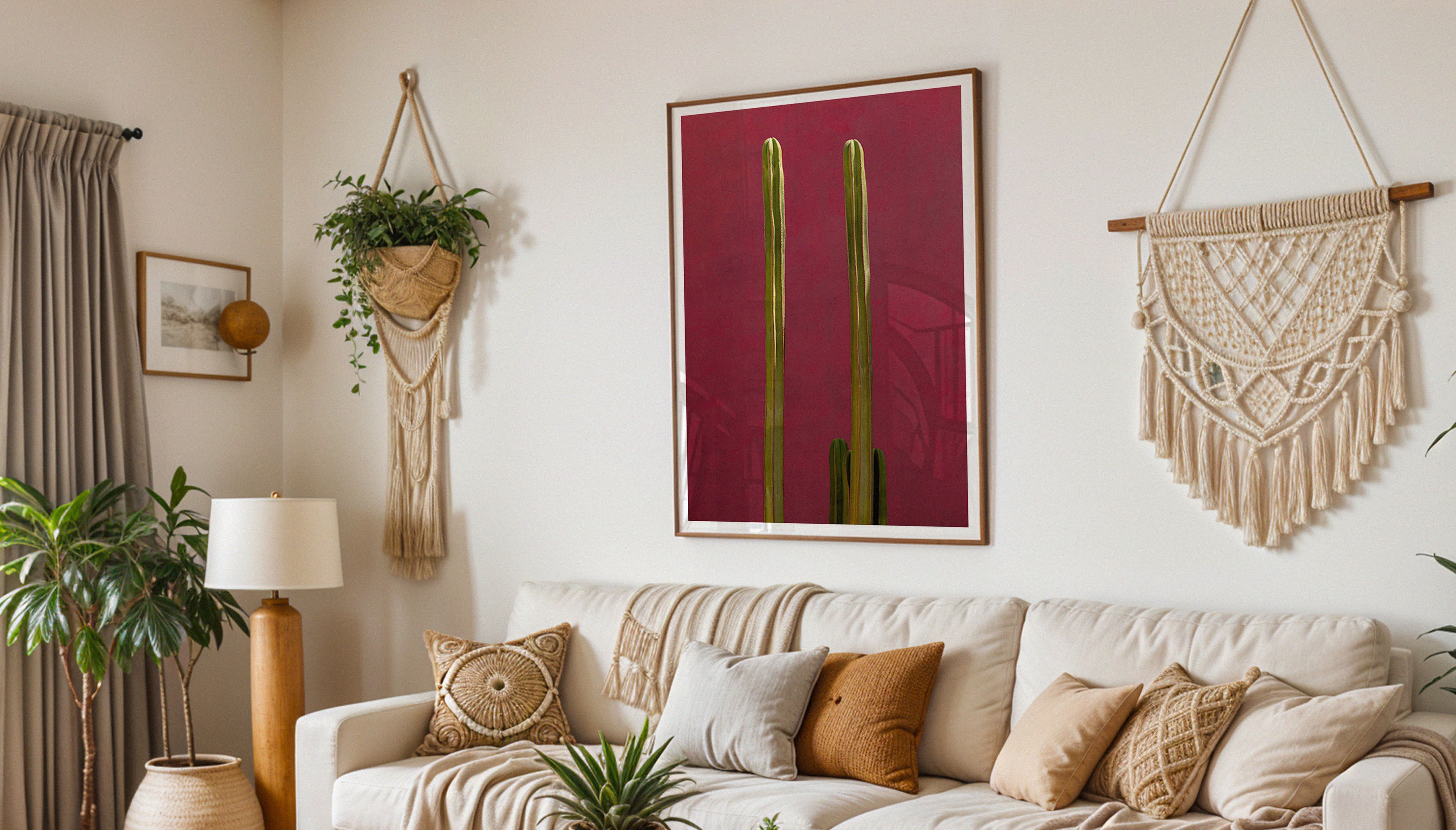 Soaked in sunshine, a pair of cacti stand tall against a pink washed wall in Morocco. A beautifully simple yet striking piece of wall art. Photograph taken by Will Bremridge, available to purchase as a ready-to-hang framed print exclusively from The Lost Works.