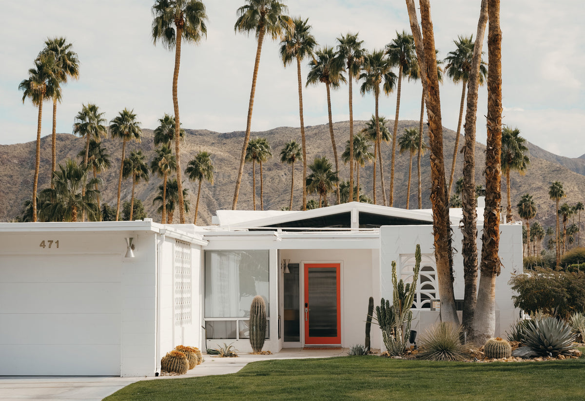 A fine art photography print by Hannes Kläger of white house with a red front door in Palm Springs. It's immaculate garden is filled with cacti, and it has backdrop of palm trees and hills. Available to shop as a ready-to-hang print exclusively on The Lost Works.