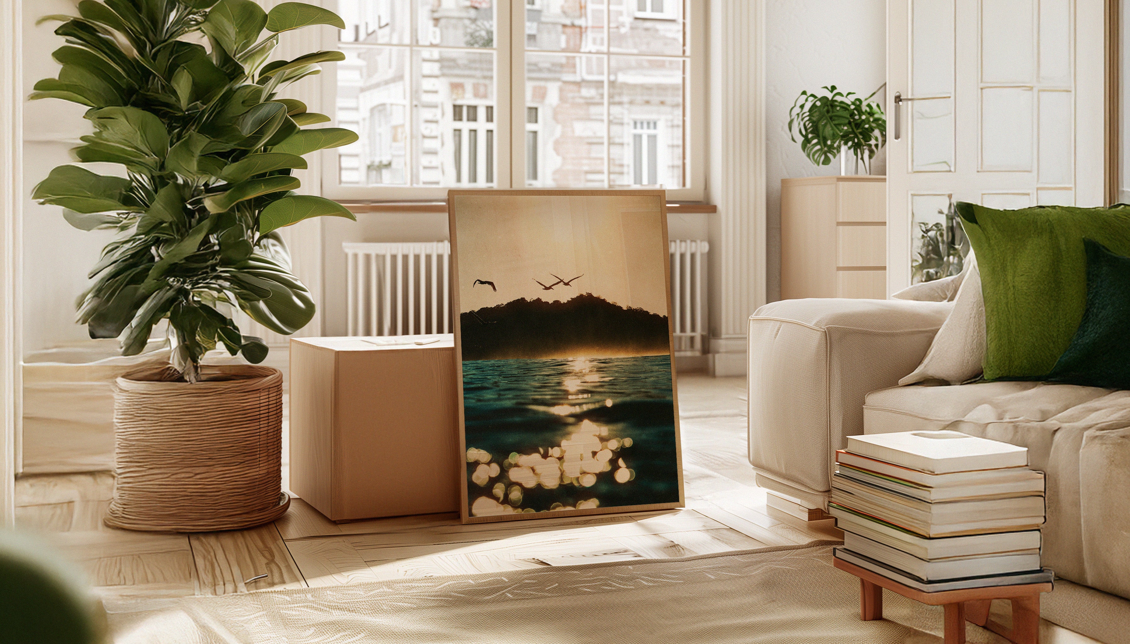 Santa Teresa ocean sunset print with pelicans, displayed in a serene home interior – fine art wall art by Ez Rivero.