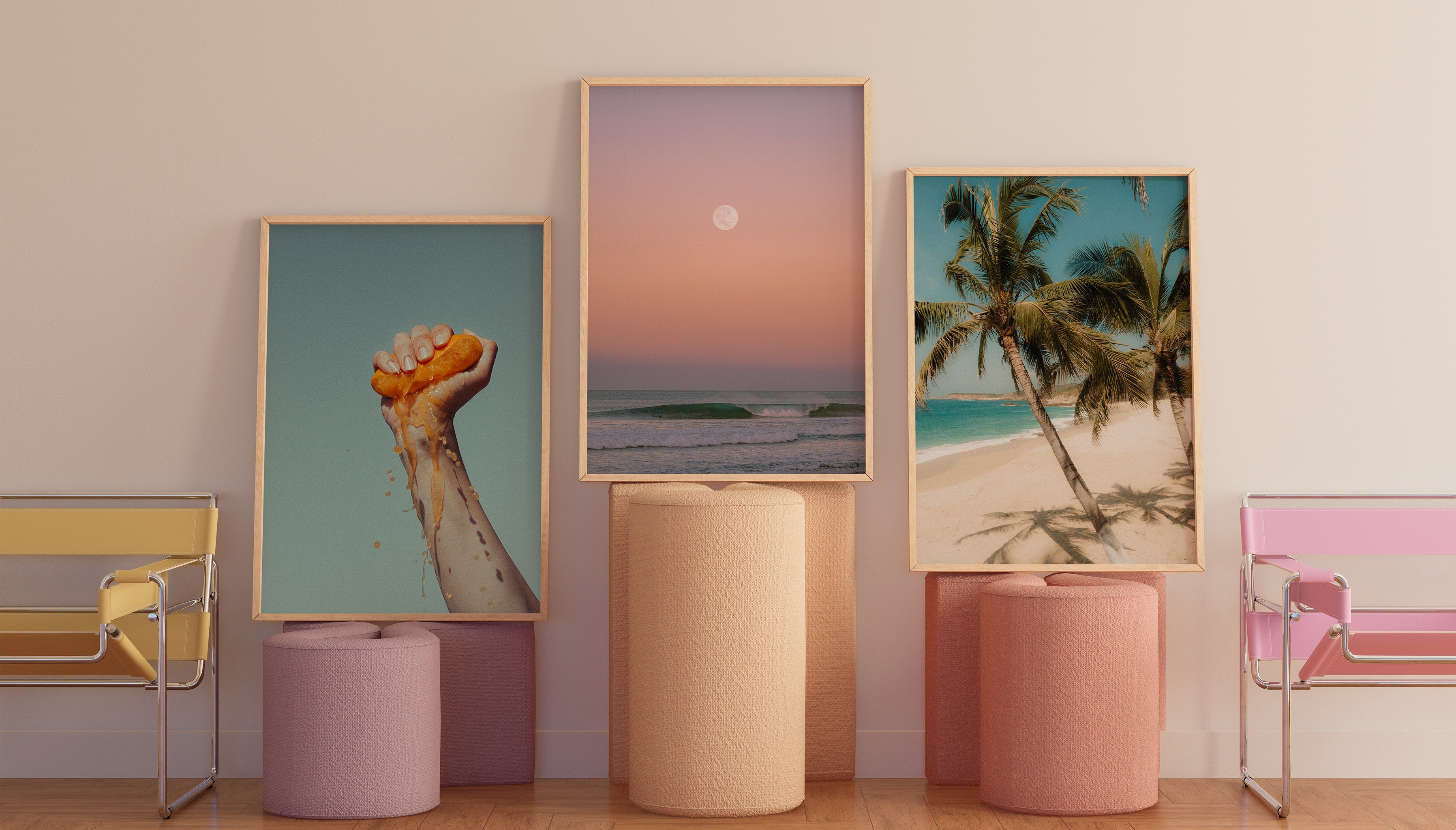 Three framed fine art prints by Evie Johnstone in a colourful setting, SQUEEZE, MONLIT SURF and PARADISE, all shown in a wooden frame.