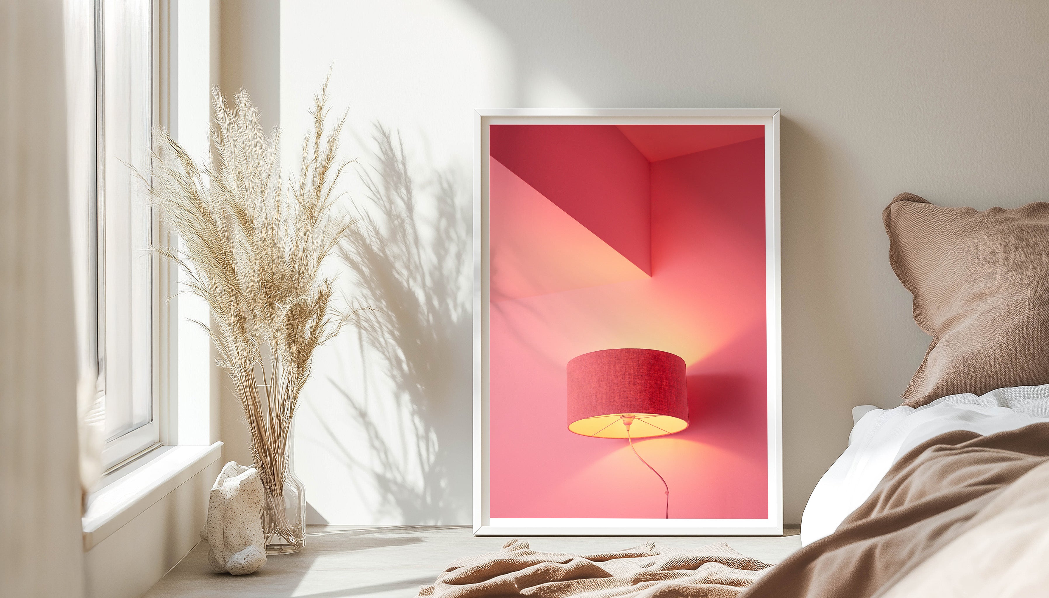A hotel in Sagres bathes its guests in a feel-good pink glow, with a bright pink wall and matching bright pink lamp. A piece of wall art that will brighten up any room. Photography print by Will Bremridge.