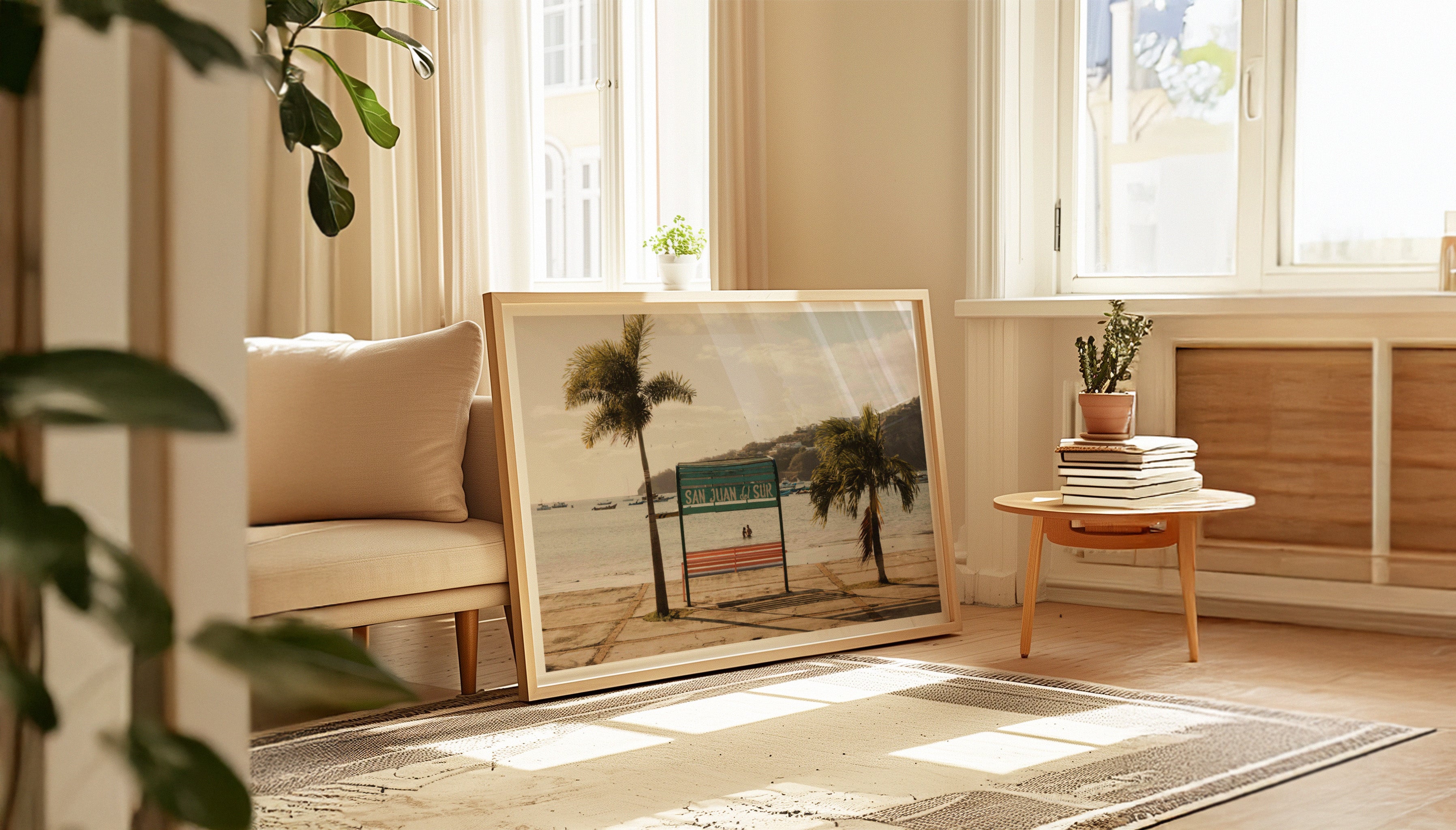 A ready-to-hang fine art photography print by Hannes Kläger, depicting one of the colourful benches that sit beneath swaying palms on the beachfront. Every bench is framed by hand-painted signs that reflect the town’s vibrant spirit.