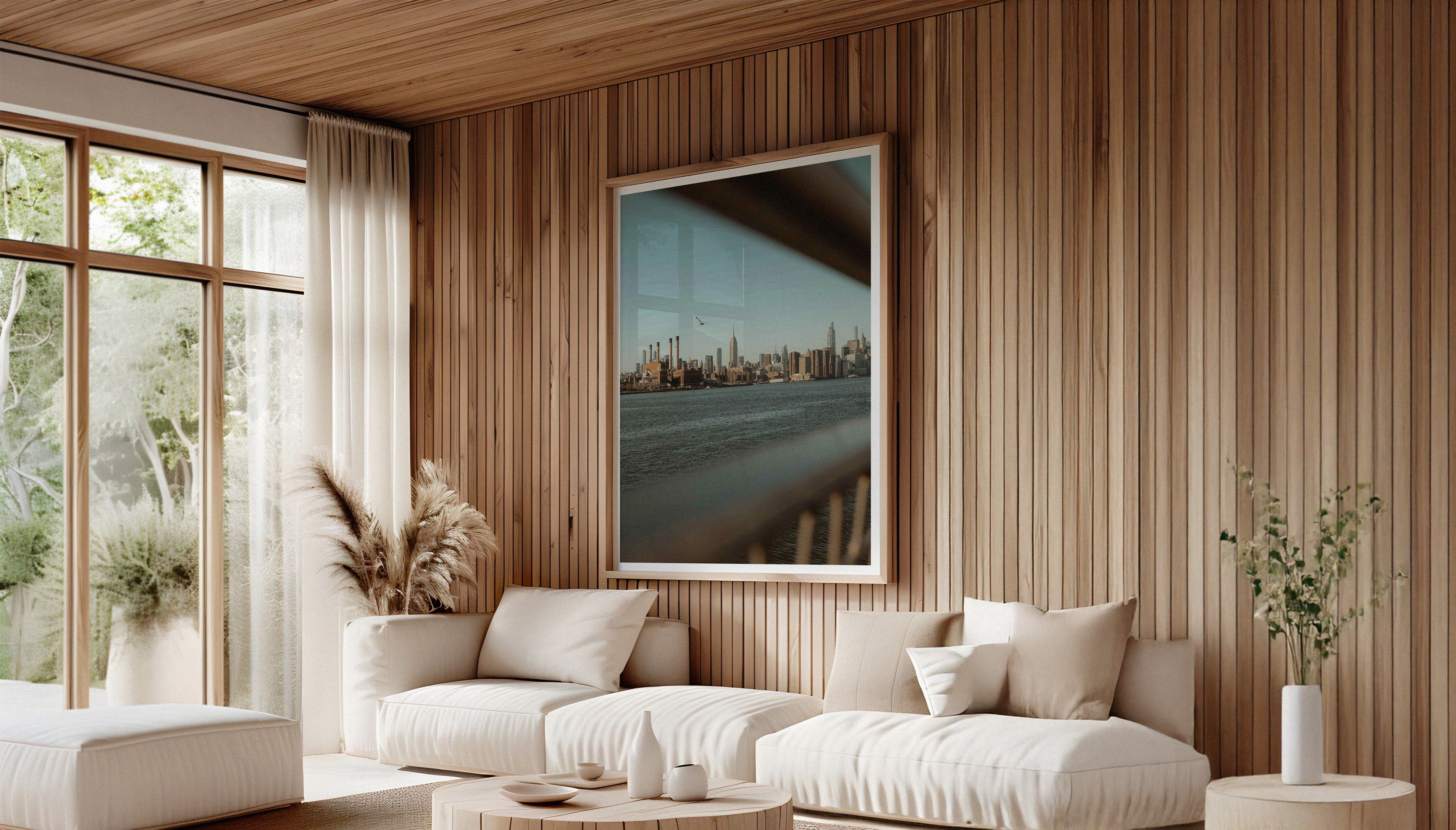 A fine art print by Hannes Kläger, showing the New York City skyline shot from across the river in Brooklyn. Available to purchase with free framing from The Lost Works gallery.