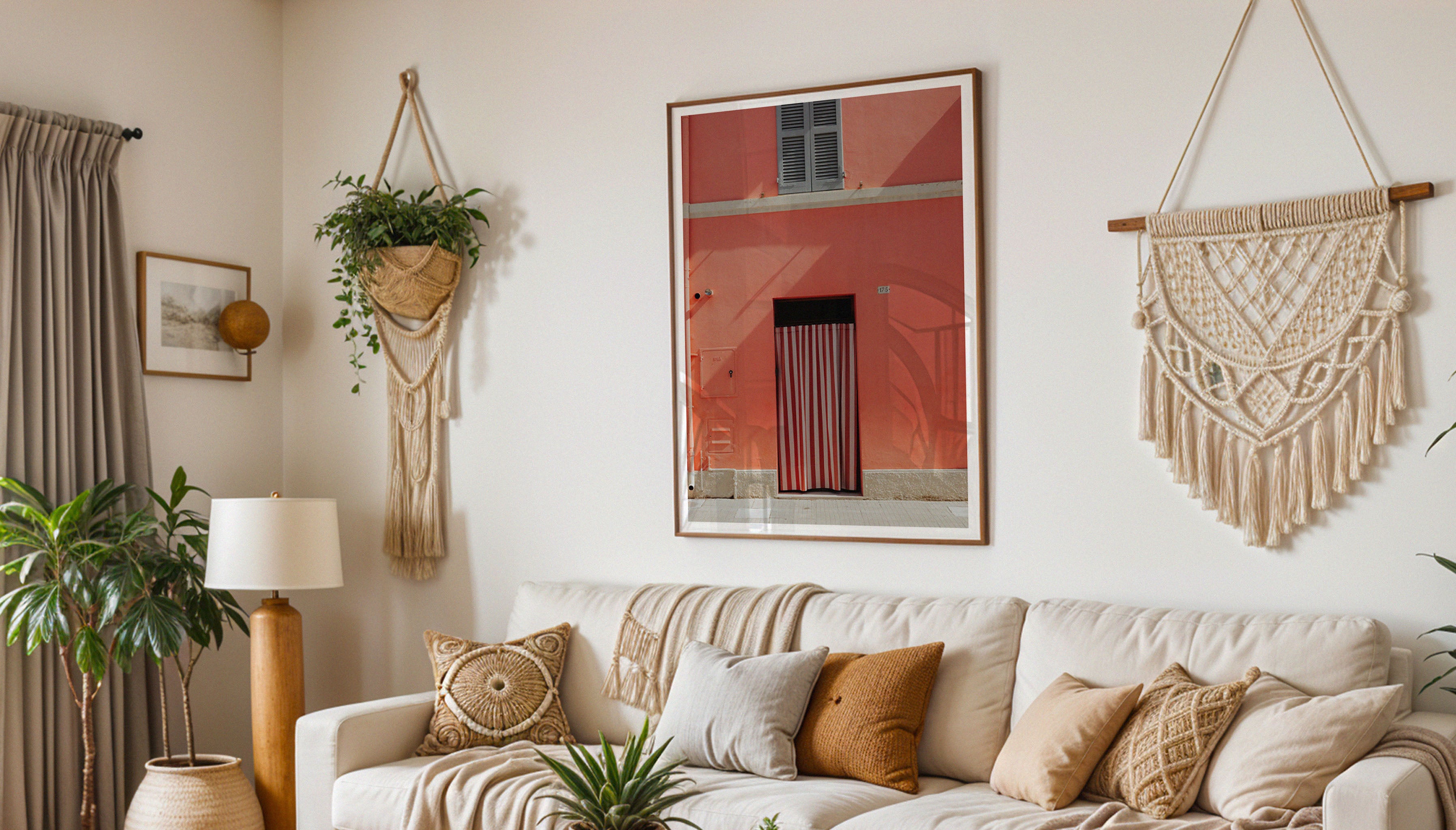 A photograph by Hannes Kläger of a red and white striped curtain on a pink building in the small village of Porto Recanati, Italy. Available to buy as a framed, ready-to-hang fine art print.