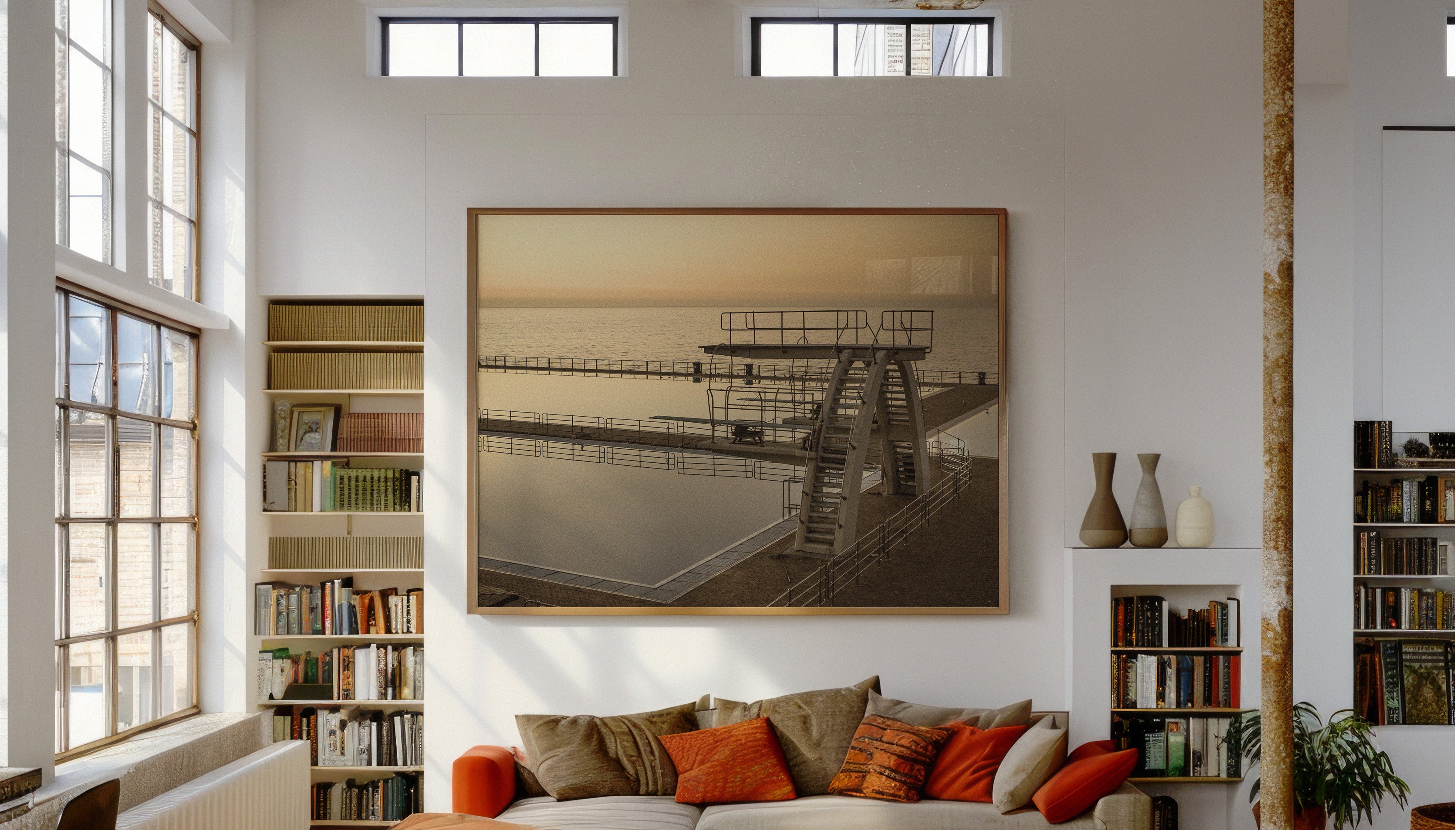 The high diving board at Sea Point Pavillion shot at late sunset by Charles Johnstone. A fine art photography print available to purchase at The Lost Works as a ready-to-hang framed piece of wall art.