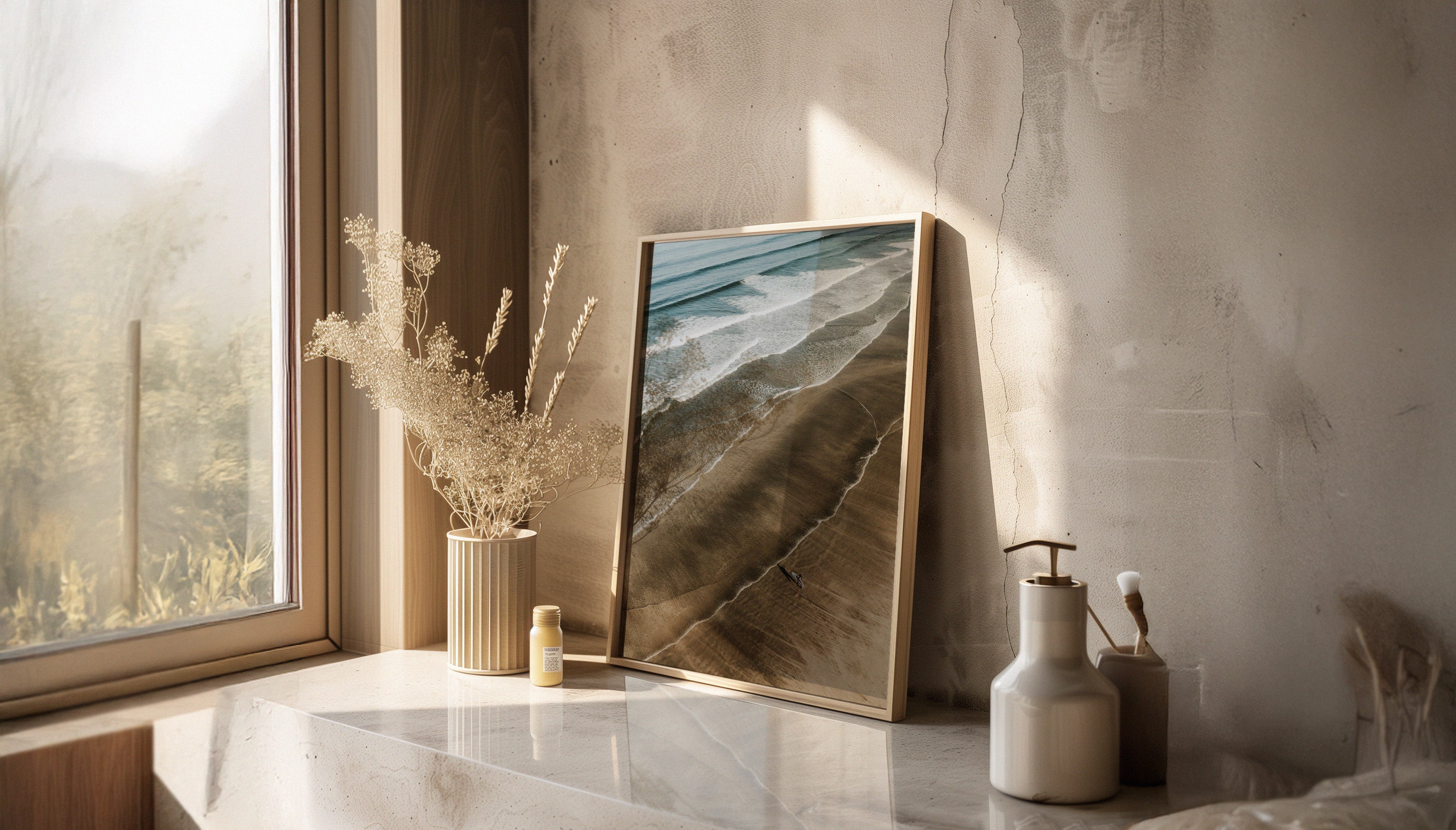 Sam Morris' fine art photography print of a solo surfer standing on the golden sand of a Cornish beach with waves rolling in, shown insitu in a wooden frame against a Mediterrean style scene.