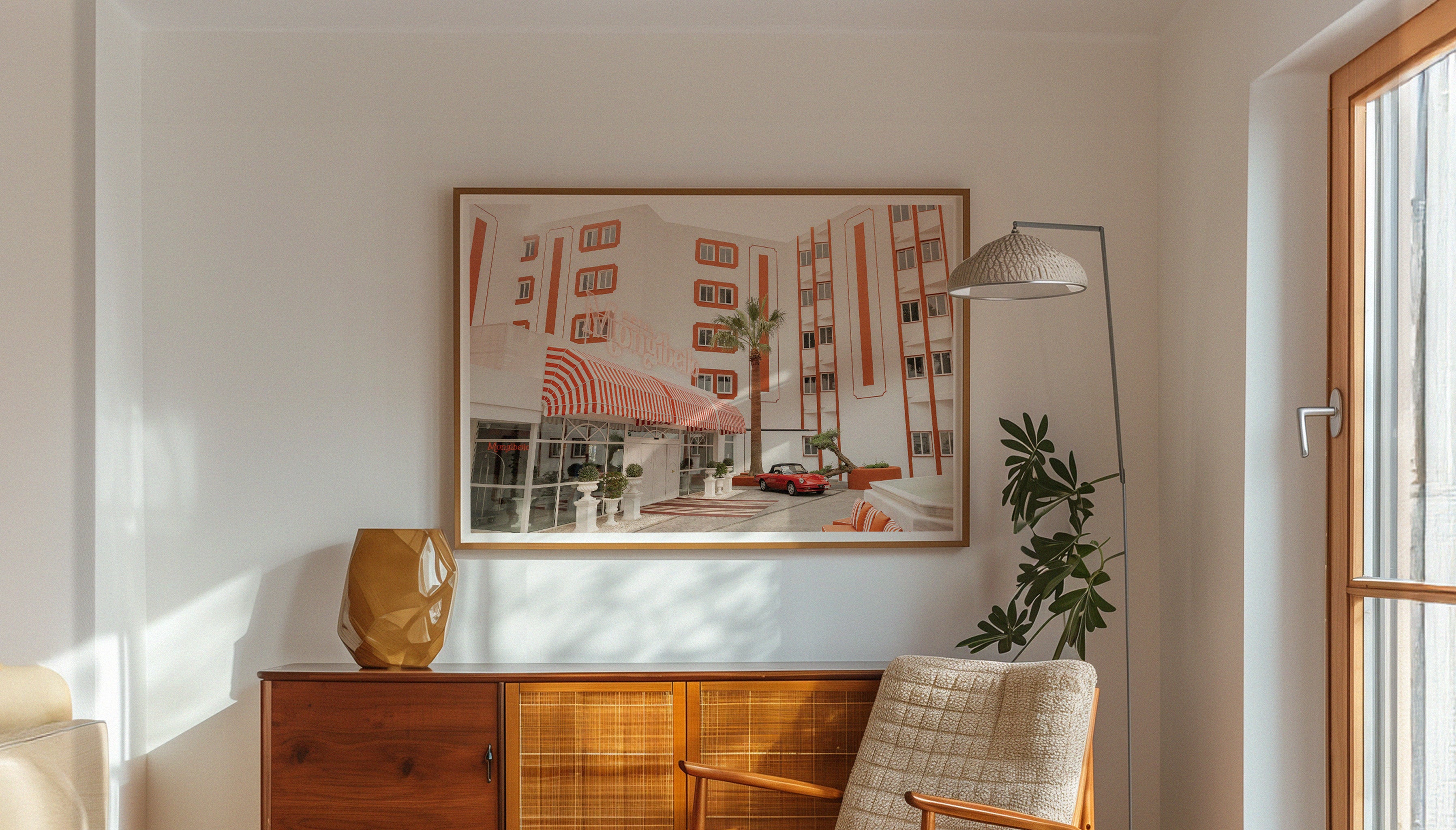 Evie Johnstone's ready-to-hang retro print SPIDER in a large wooden frame in a vintage interior living room setting.