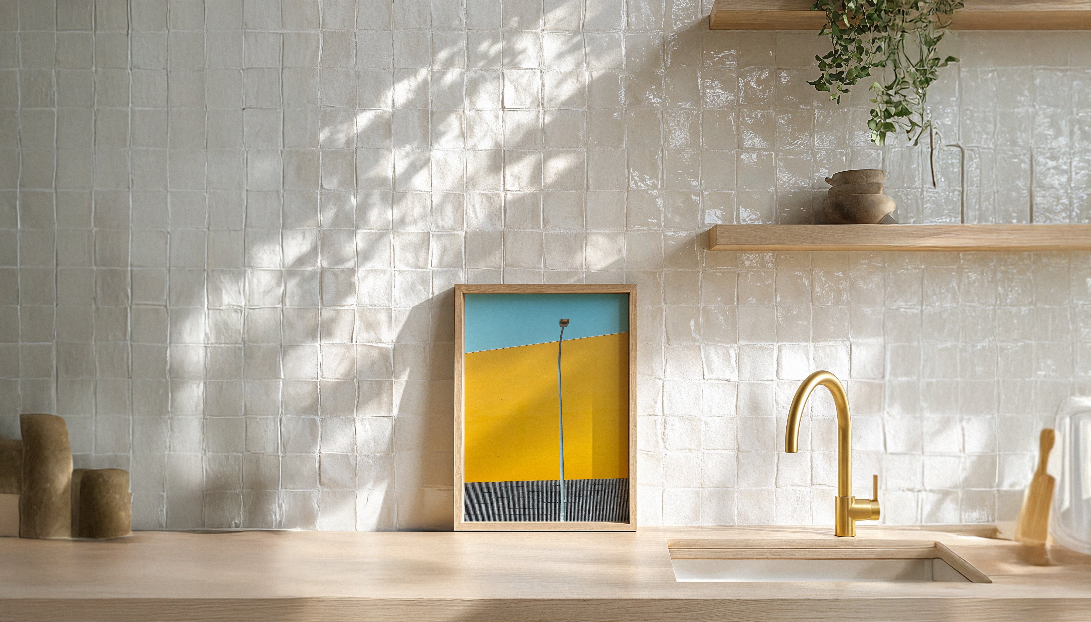 A street light set against a yellow wall, linear black and white striped tiles and a bright blue sky in Comporta, Portugal. A colourful fine art photography print by Will Bremridge, available to purchase with free framing service from The Lost Works.