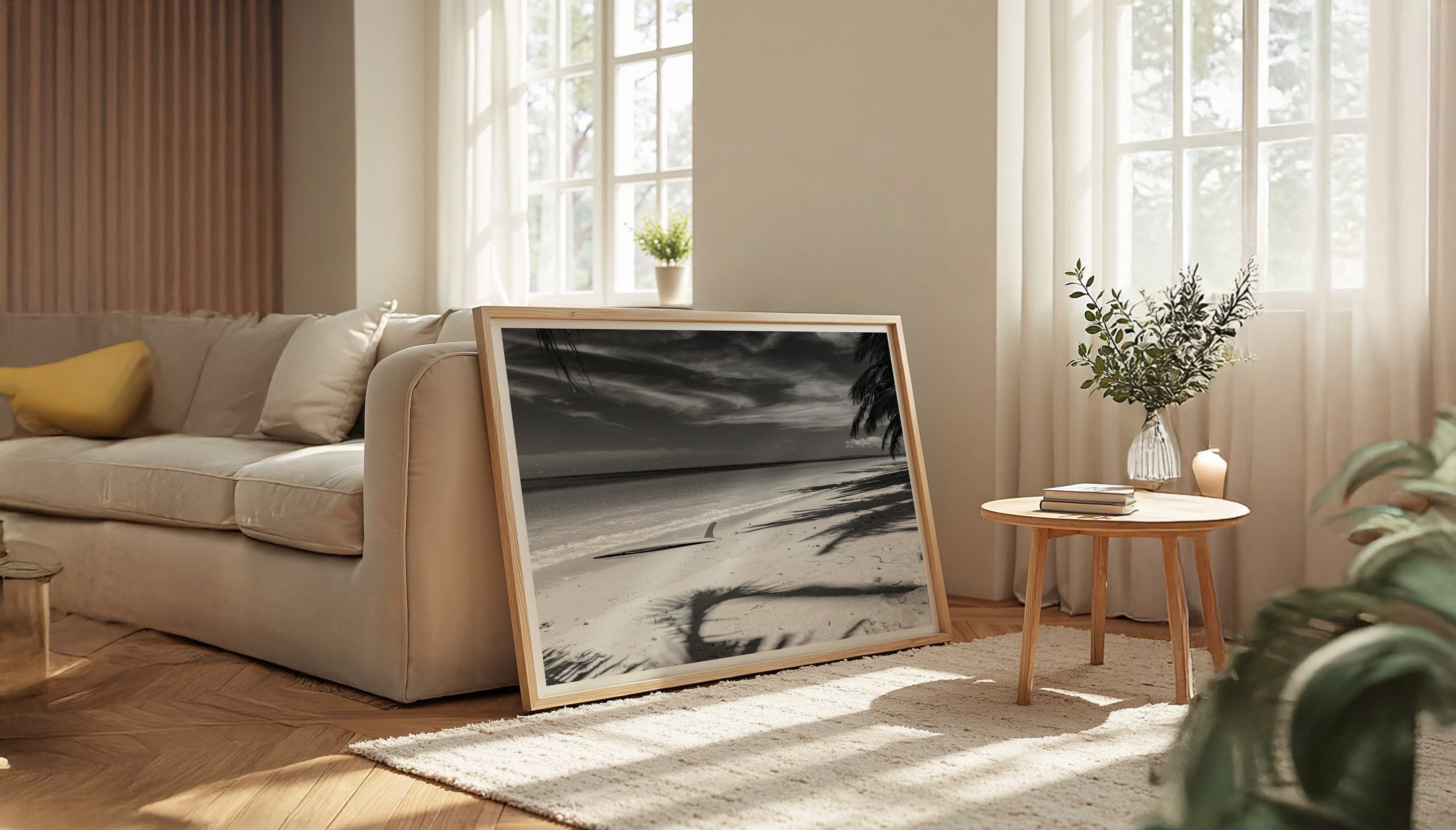 Stylish interior featuring “Take a Break,” a framed surf and travel photo print by Ez Rivero, leaning casually against a wall near a cozy couch and coffee table.