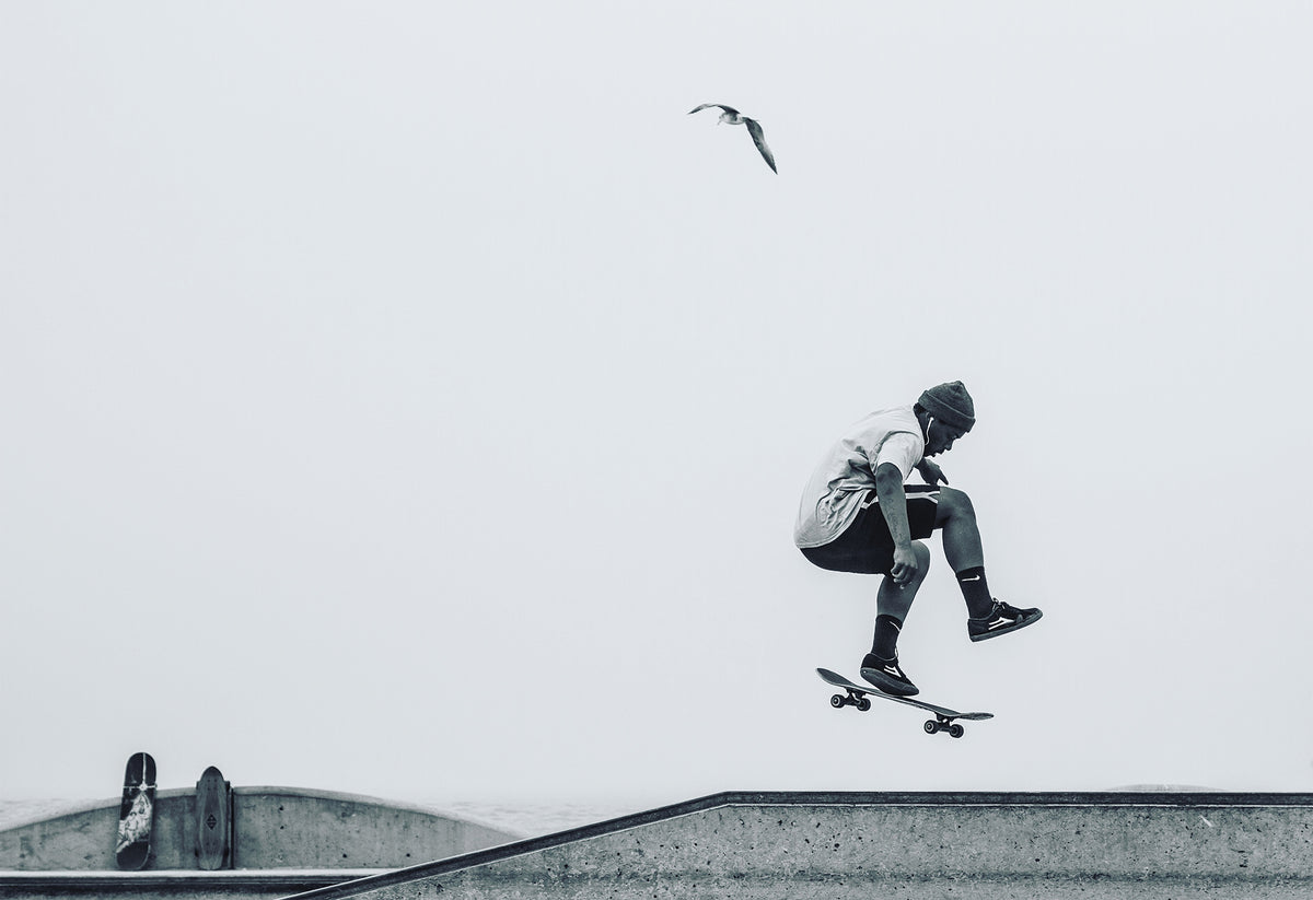 Black-and-white photo of a skateboarder mid-air at Venice Skatepark with a seagull flying above, set against a minimalist sky.