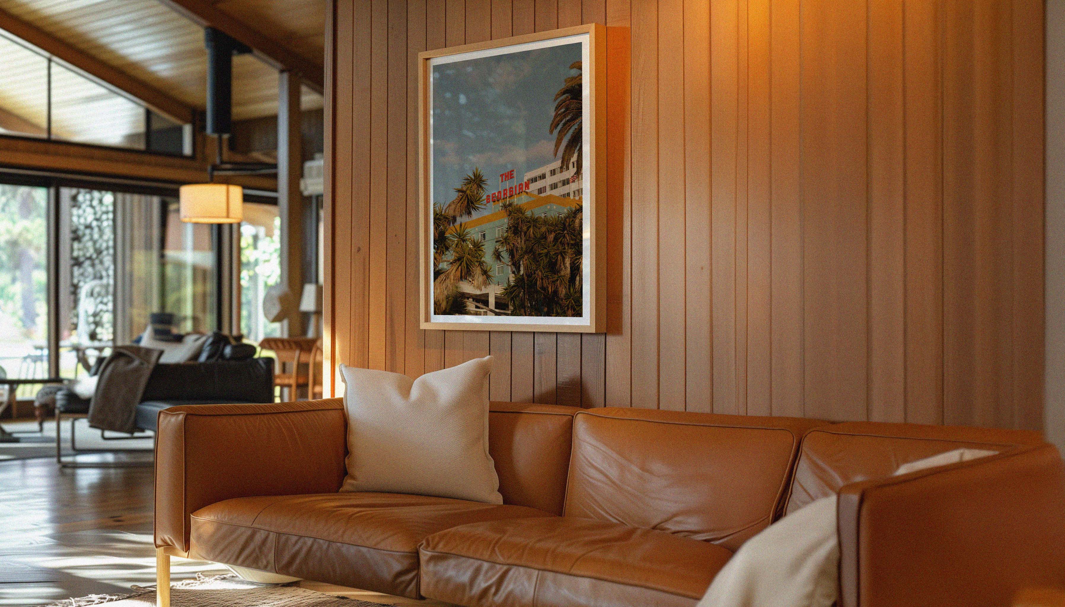 A ready-to-hang framed photography print by Hannes Klaeger. The Georgian is a local landmark in Santa Monica, LA, known for its handsome turquoise Art Deco façade.