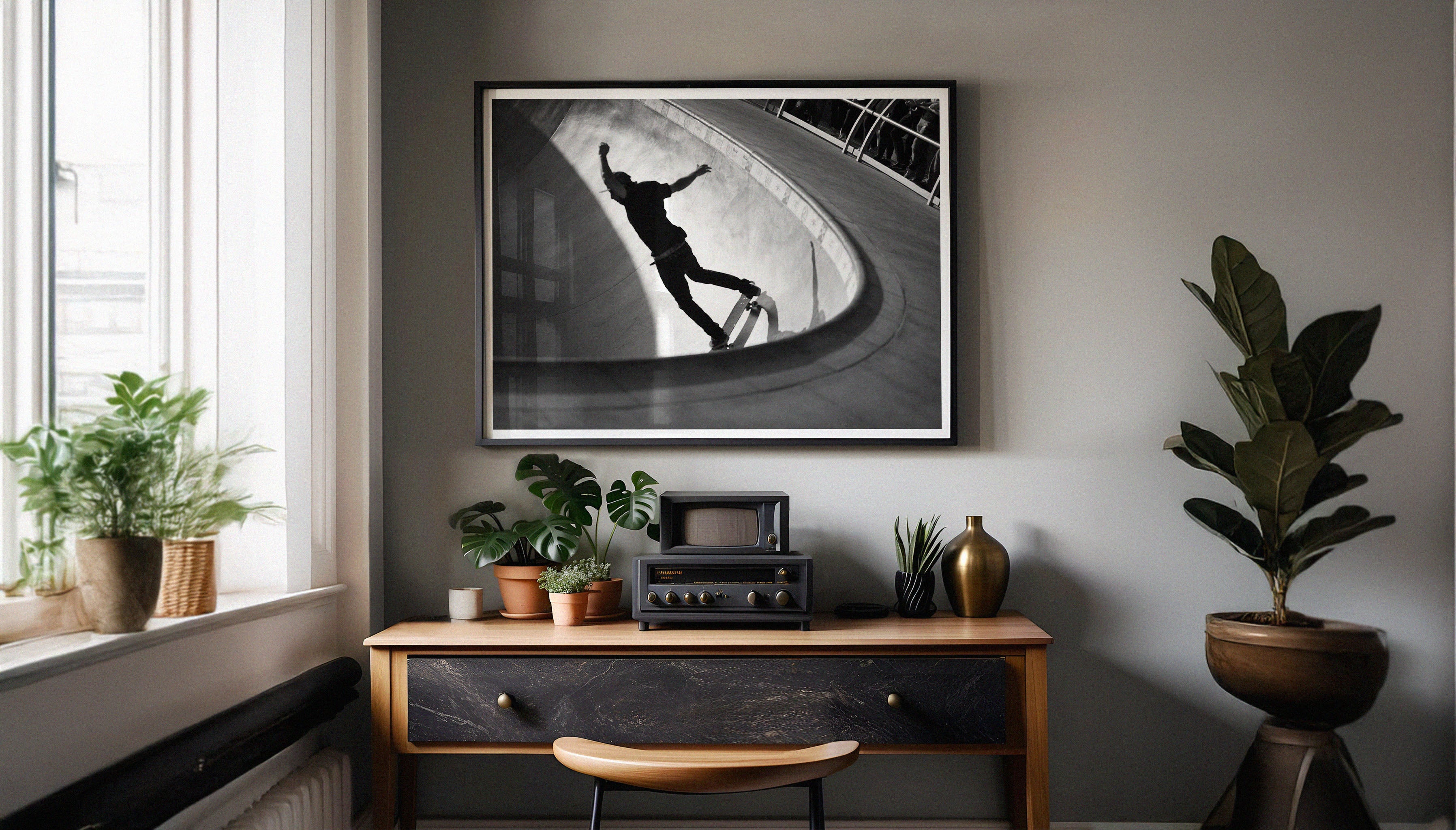 Framed print of “The Wind” hanging above a mid-century desk with retro decor and houseplants, demonstrating its fit in a curated home space.