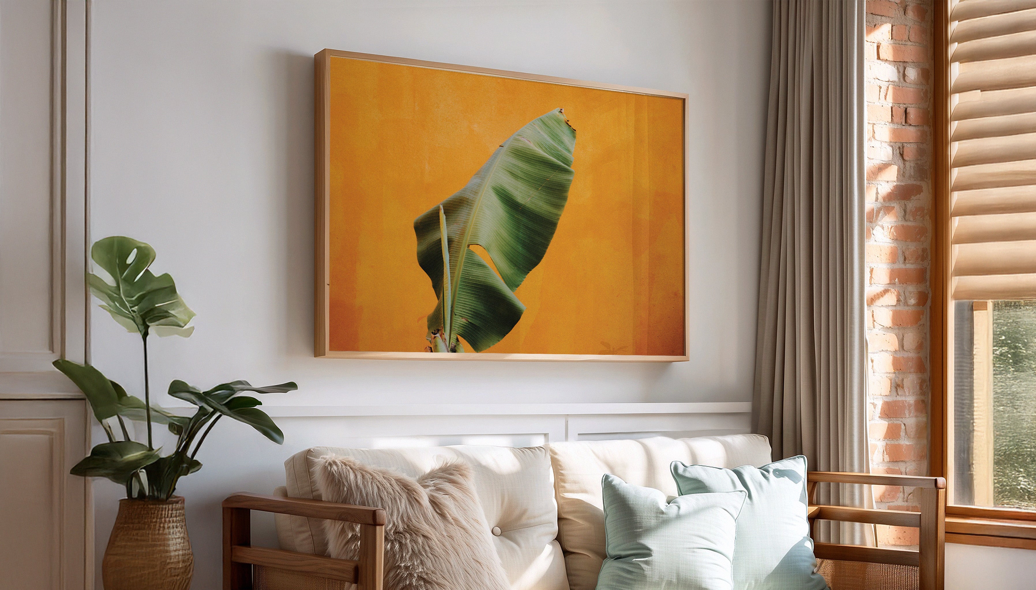TEXTURES, Evie Johnstone's wall art print from Mexico in a large wooden frame  hanging on a white wall above a sofa in a living room setting.