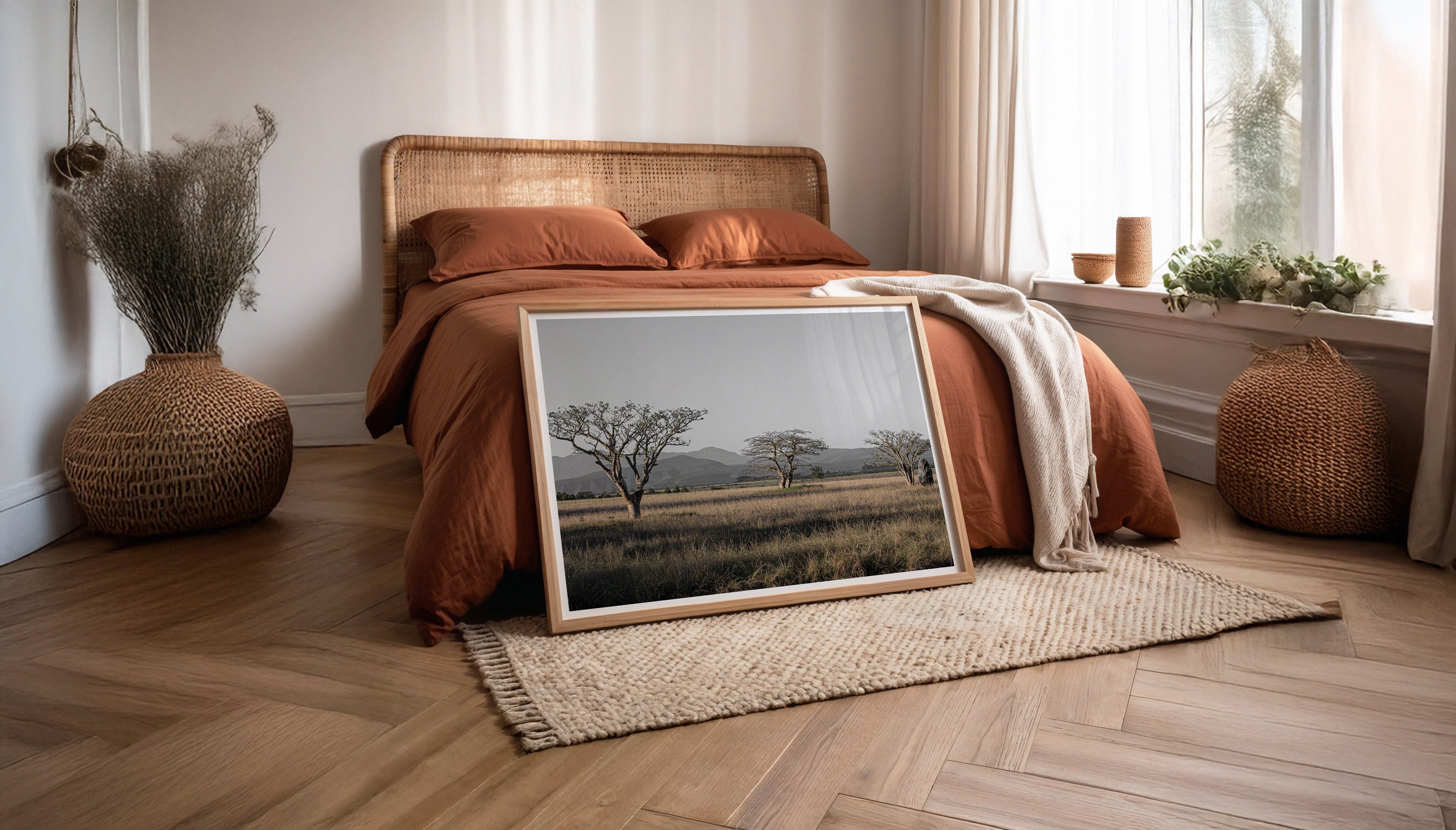 A natural-style bedroom with rattan baskets and a rattan headboard, with Charles Johnstone's THREE TREES fine art print in a large wooden frame leaning against the bed.