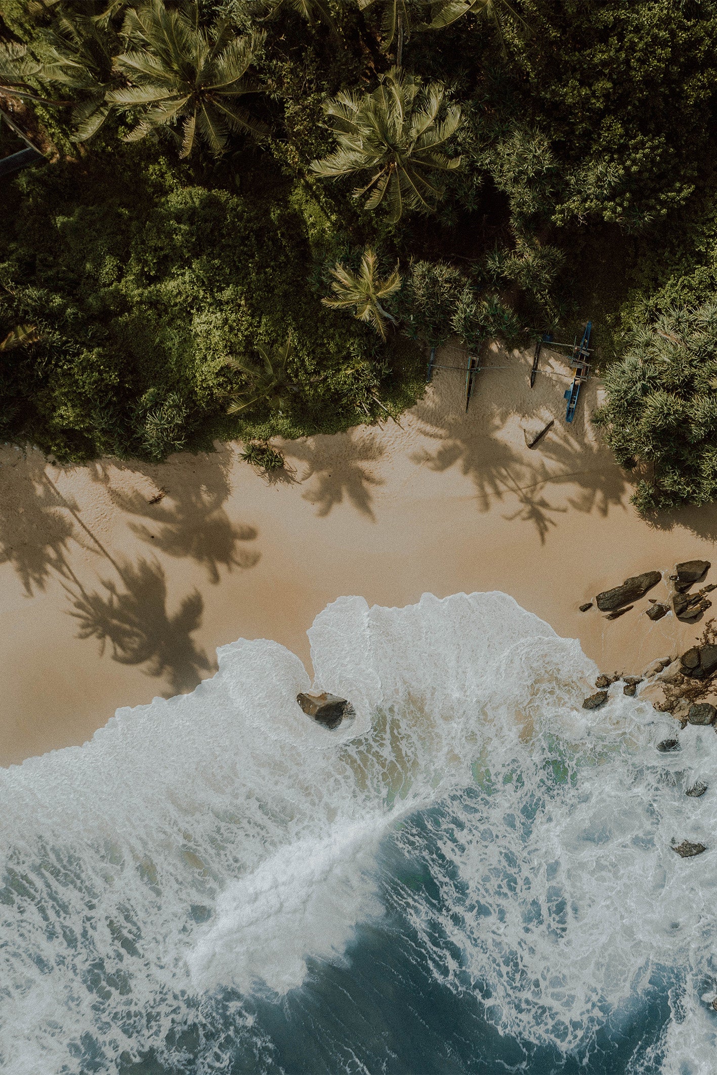 Balapitiya beach in Sri Lanka with golden sand, palm trees casting shadows, and fishing boats resting on the shore – fine art photograph by Sam Morris available to purchase on The Lost Works gallery.